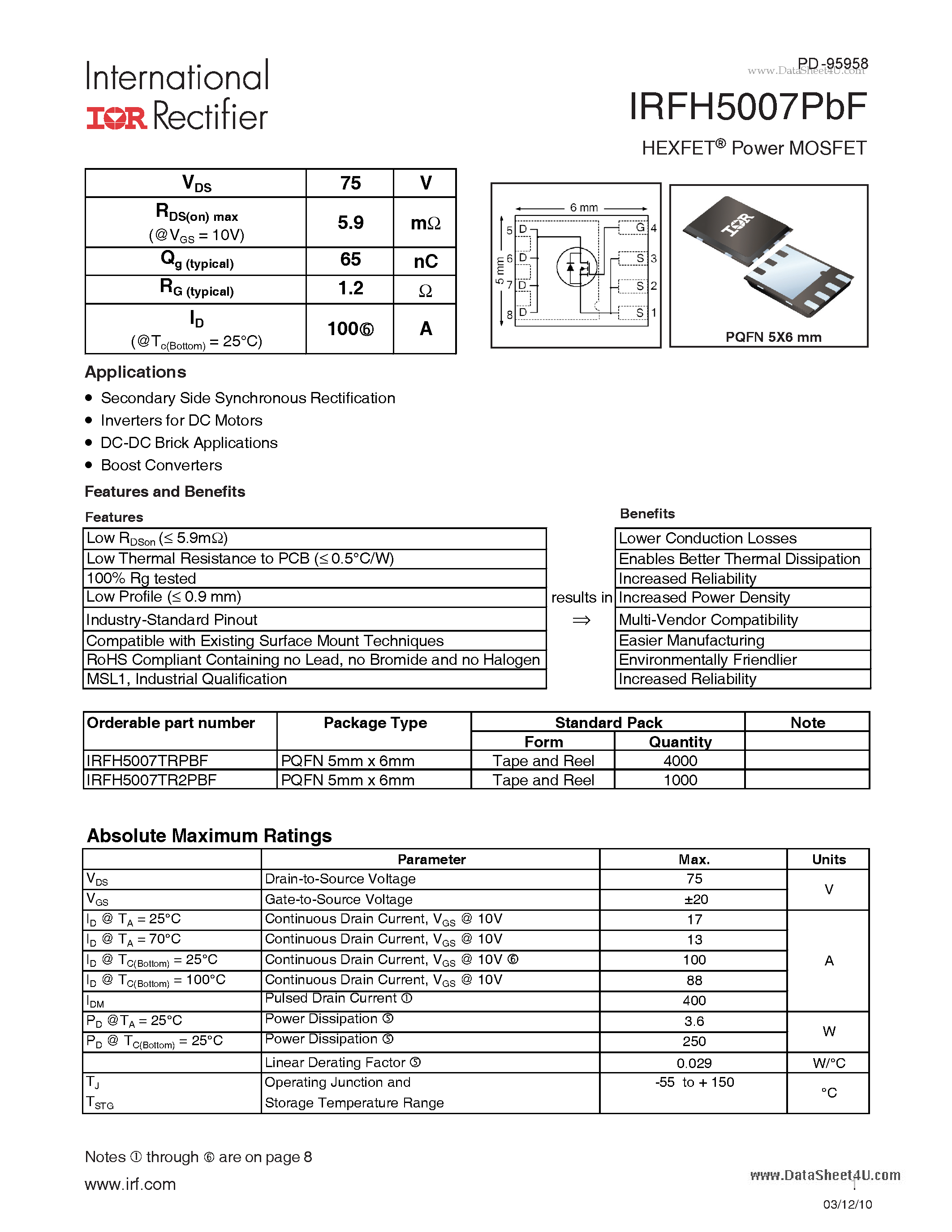 Datasheet IRFH5007PBF - HEXFET Power MOSFET page 1