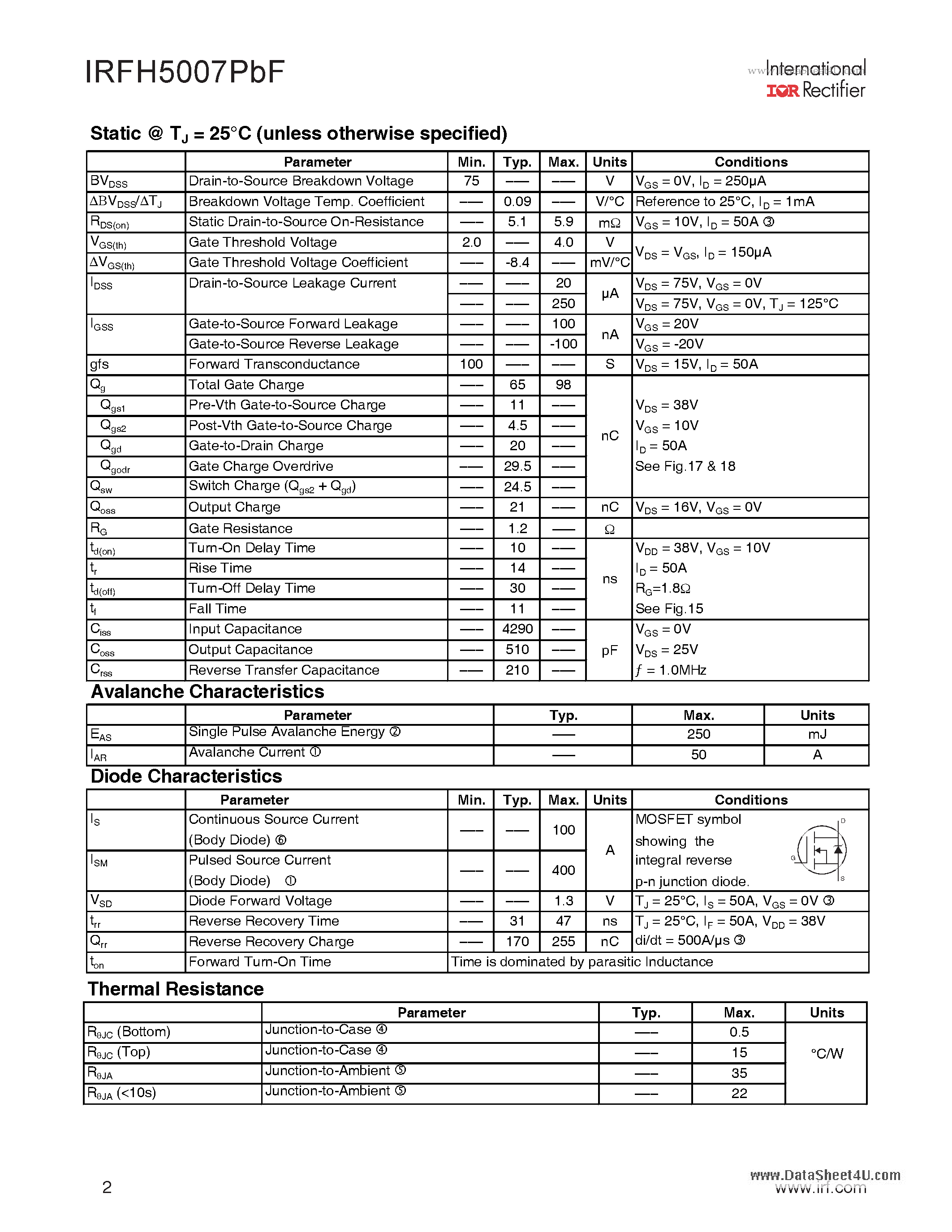 Datasheet IRFH5007PBF - HEXFET Power MOSFET page 2