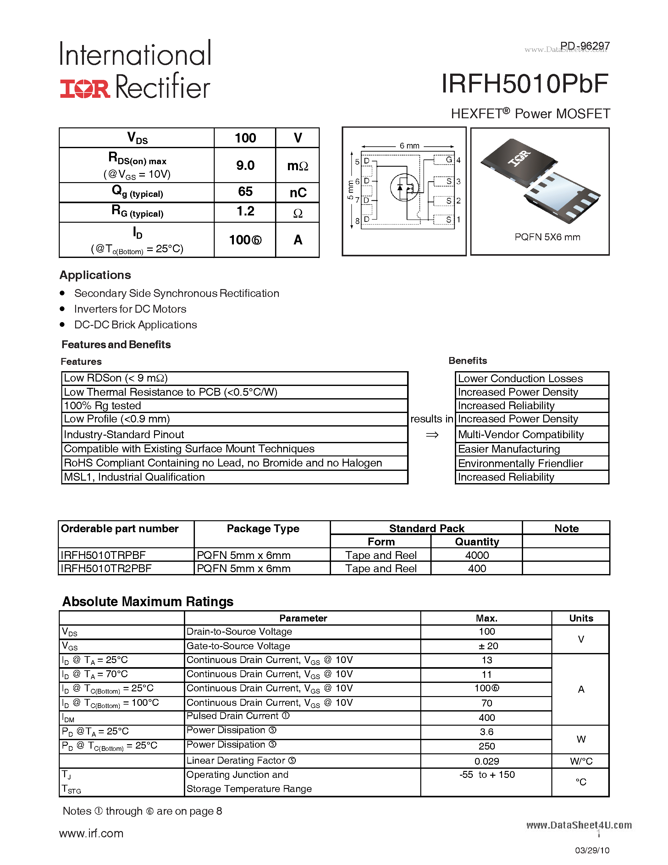 Datasheet IRFH5010PBF - HEXFET Power MOSFET page 1