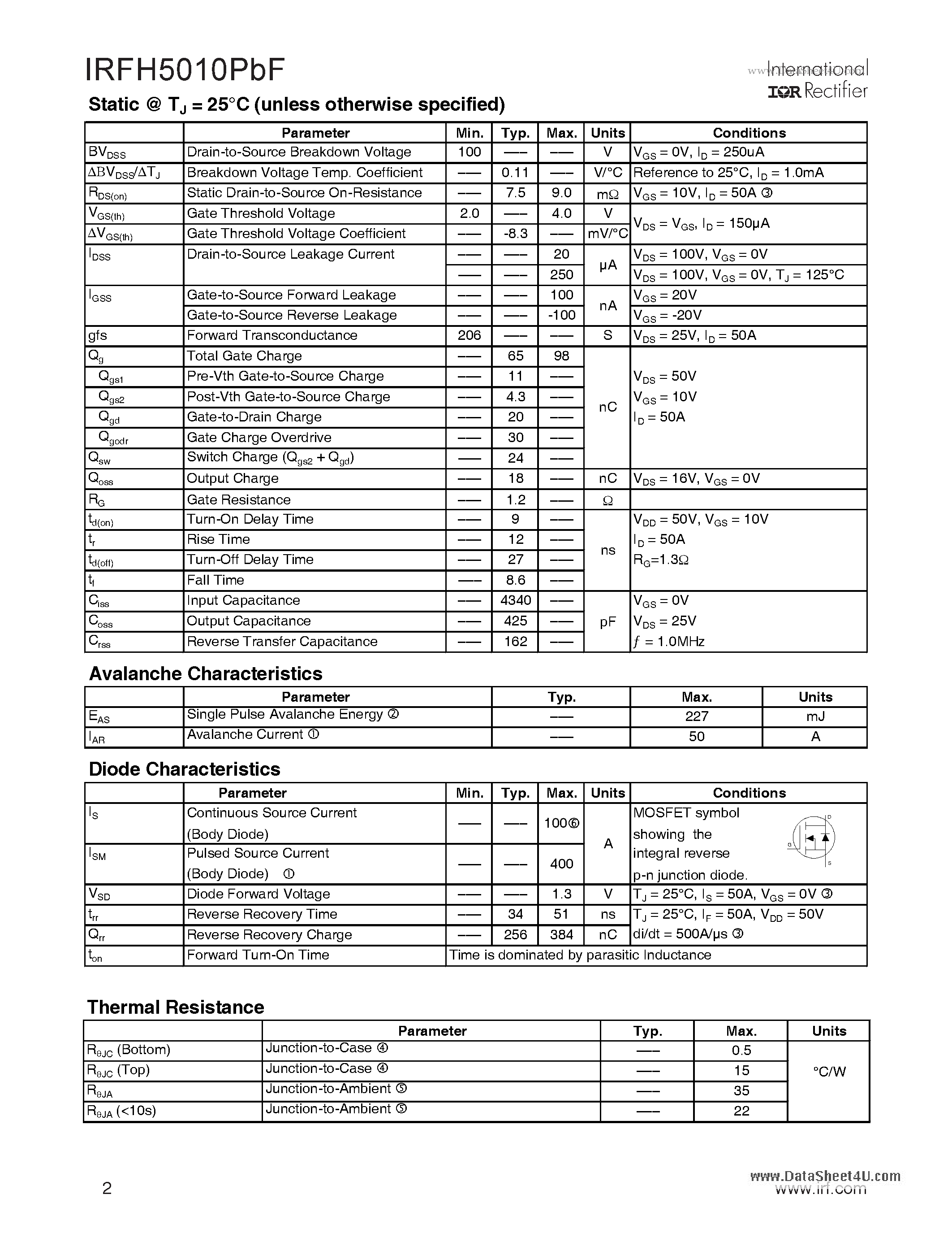 Datasheet IRFH5010PBF - HEXFET Power MOSFET page 2