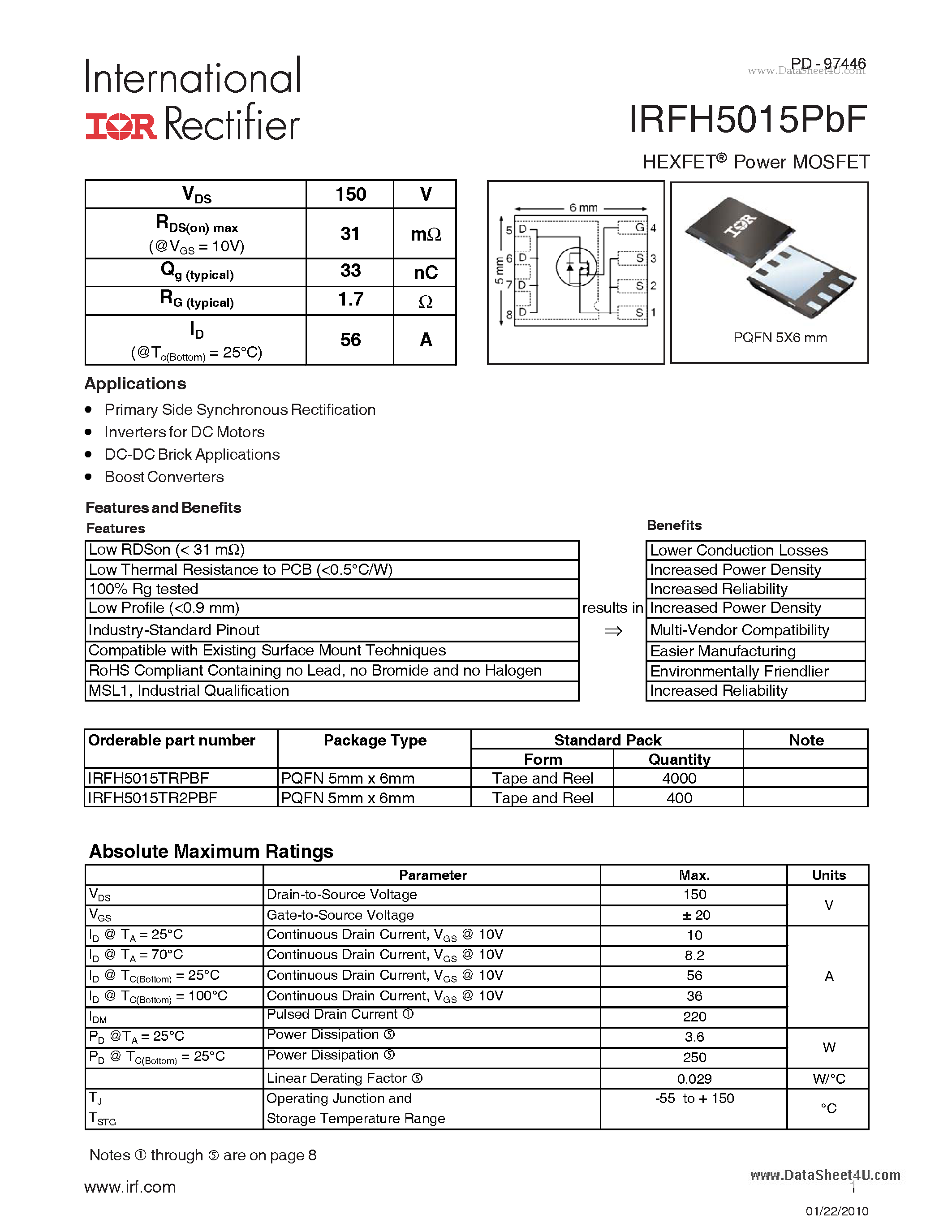 Datasheet IRFH5015PBF - HEXFET Power MOSFET page 1
