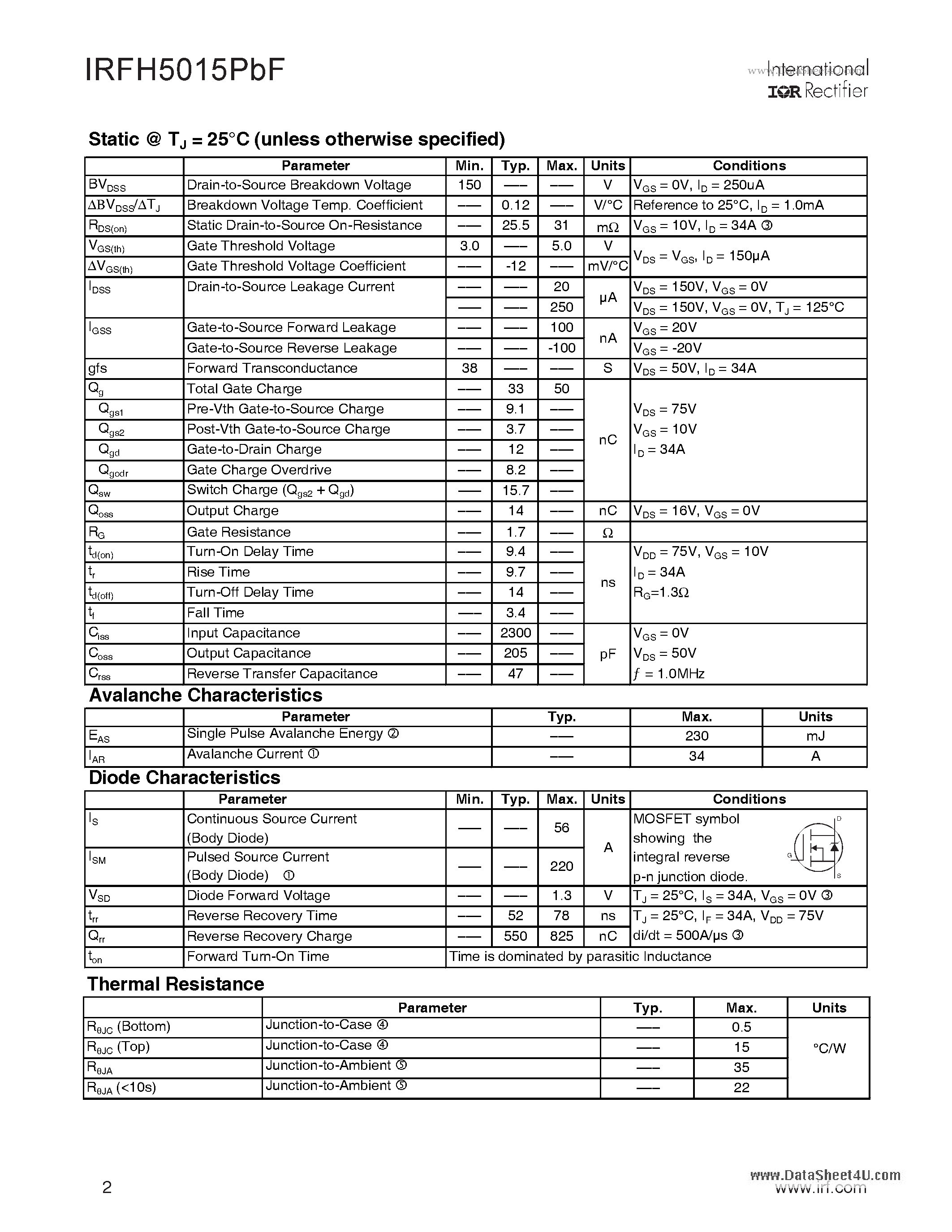 Datasheet IRFH5015PBF - HEXFET Power MOSFET page 2