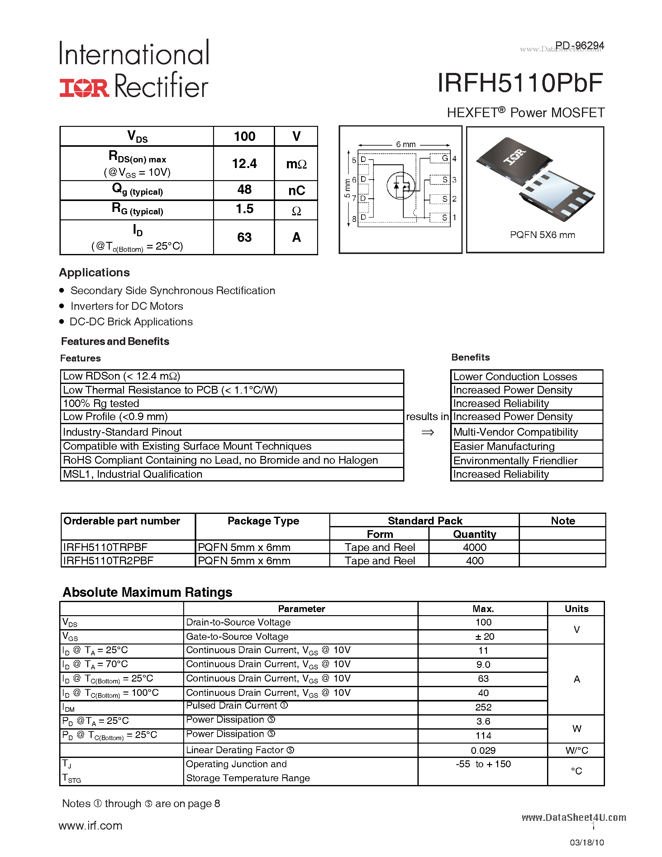 Datasheet IRFH5110PBF - HEXFET Power MOSFET page 1