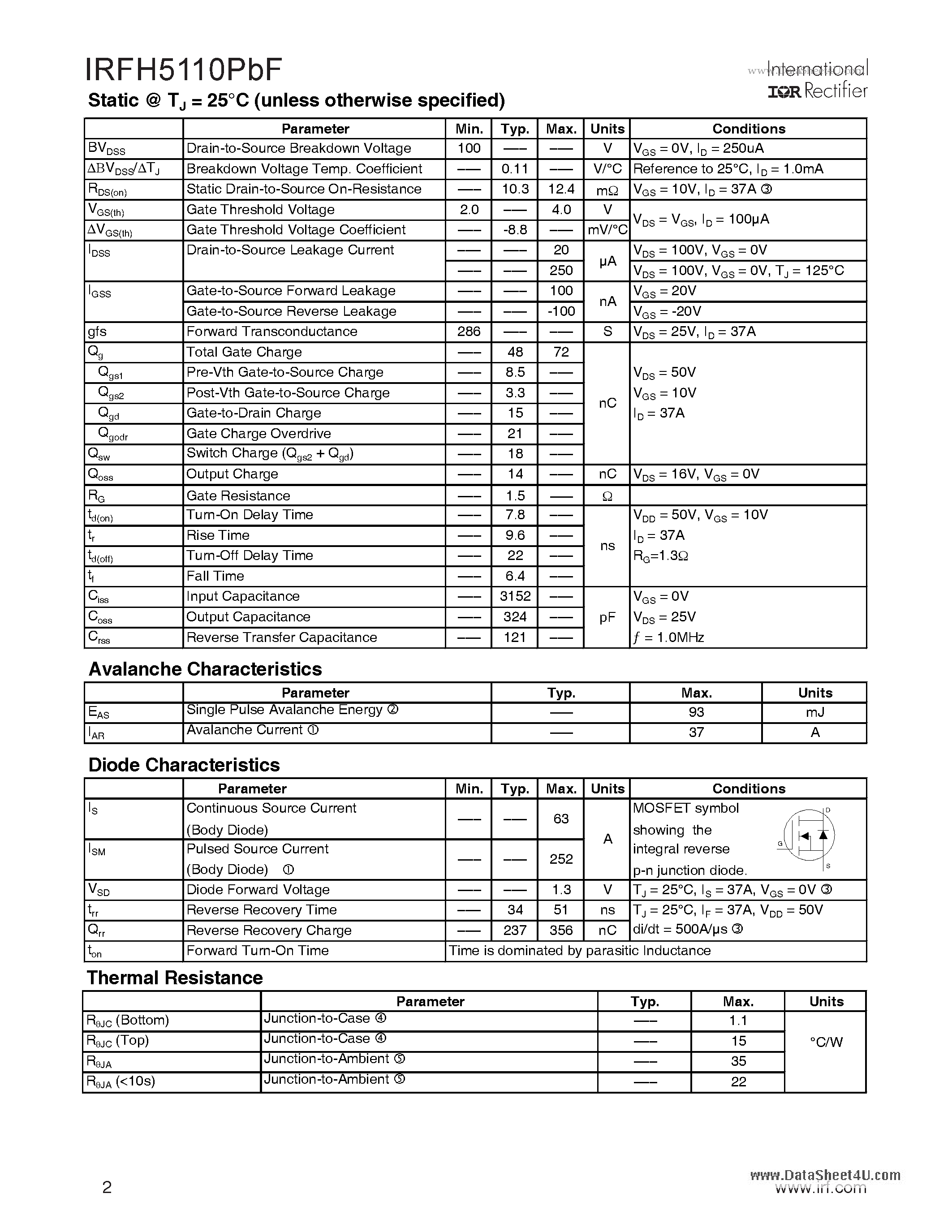 Datasheet IRFH5110PBF - HEXFET Power MOSFET page 2