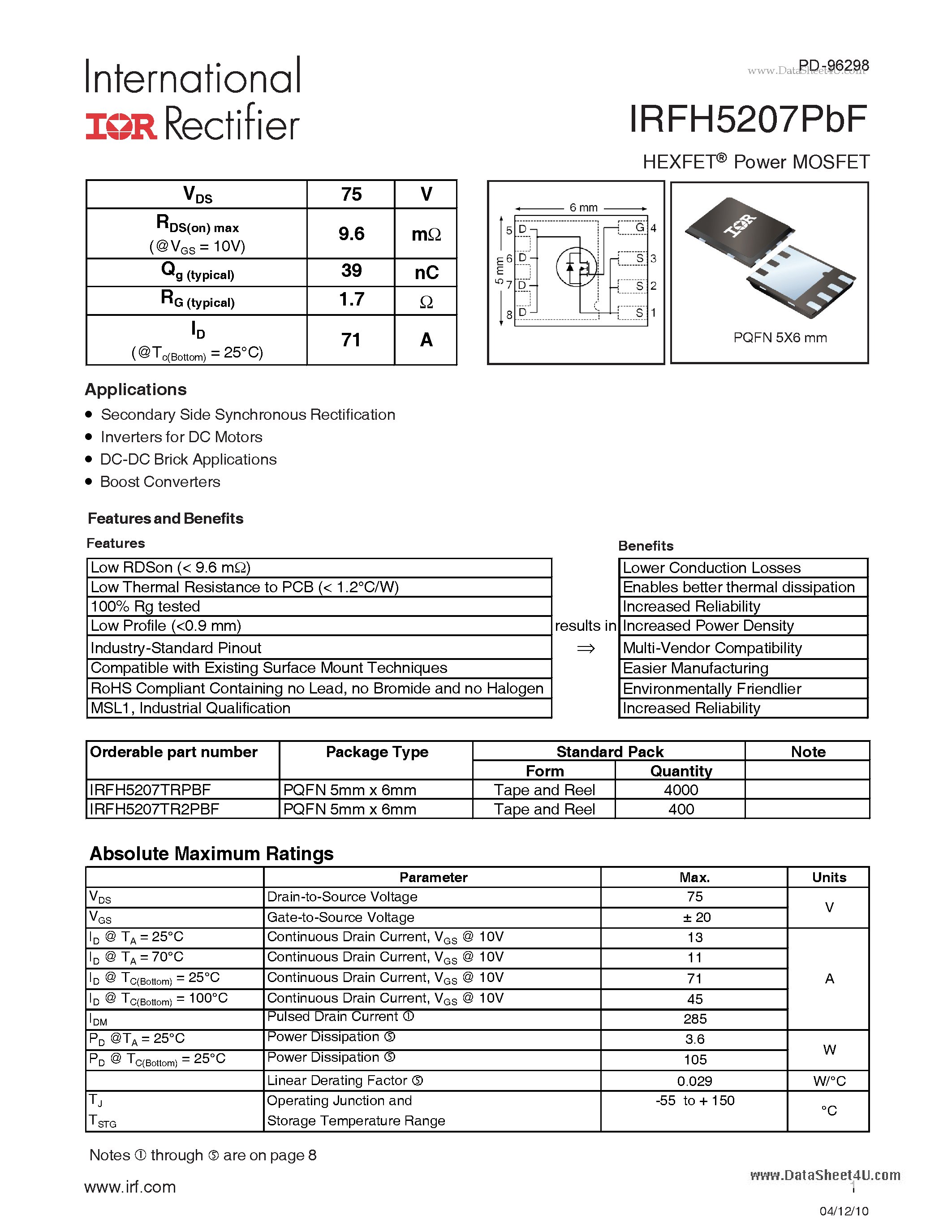 Datasheet IRFH5207PBF - HEXFET Power MOSFET page 1