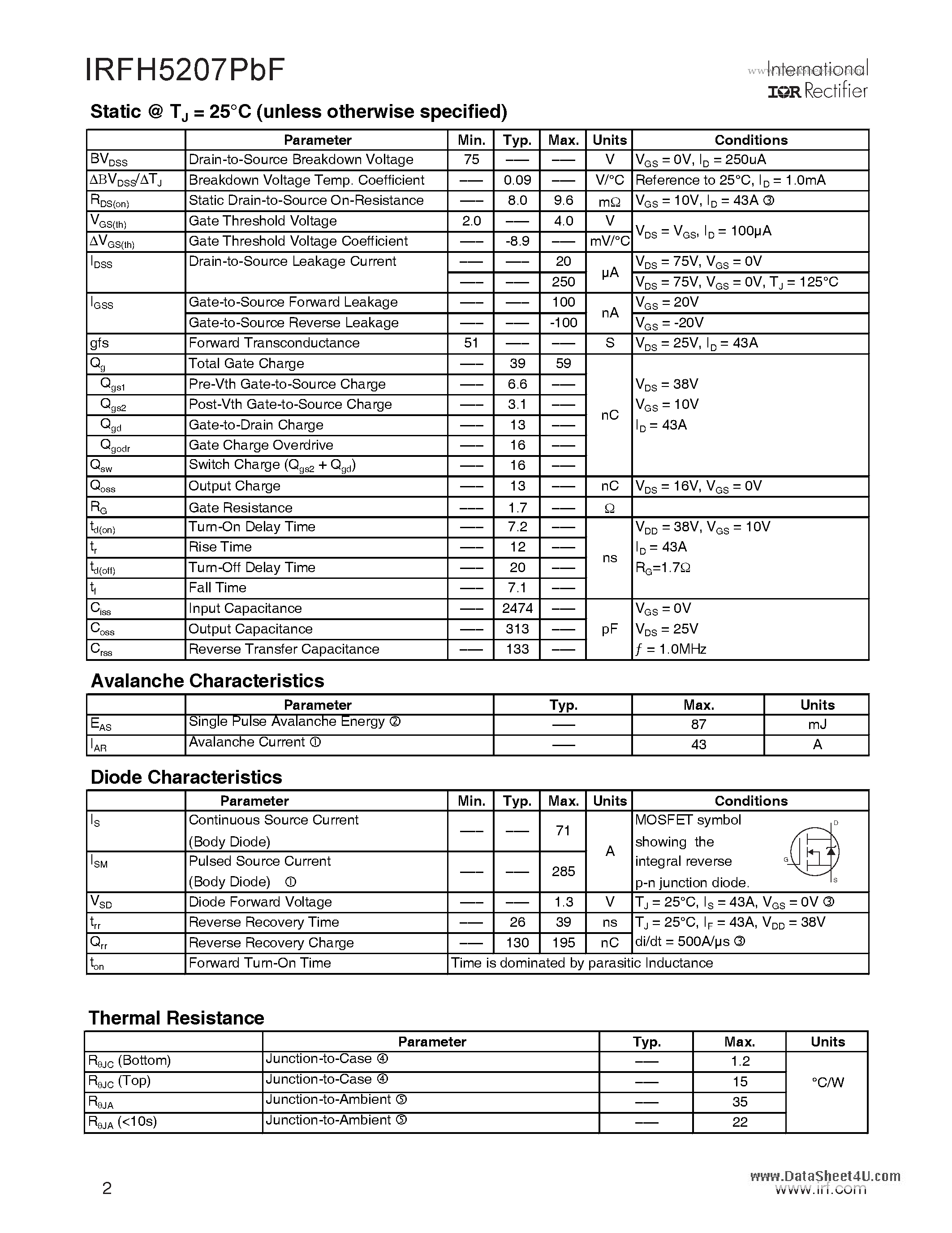 Datasheet IRFH5207PBF - HEXFET Power MOSFET page 2