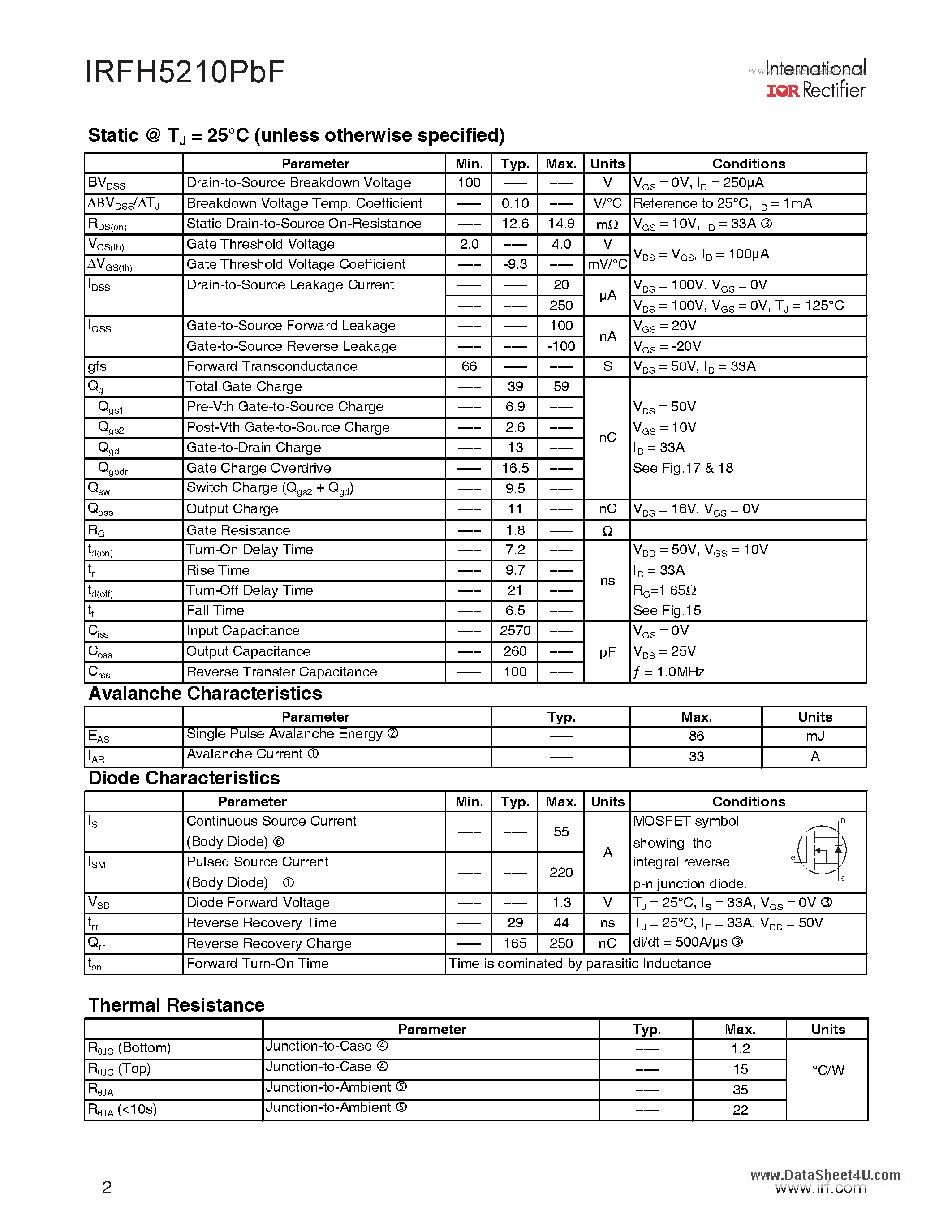 Datasheet IRFH5210PBF - HEXFET Power MOSFET page 2