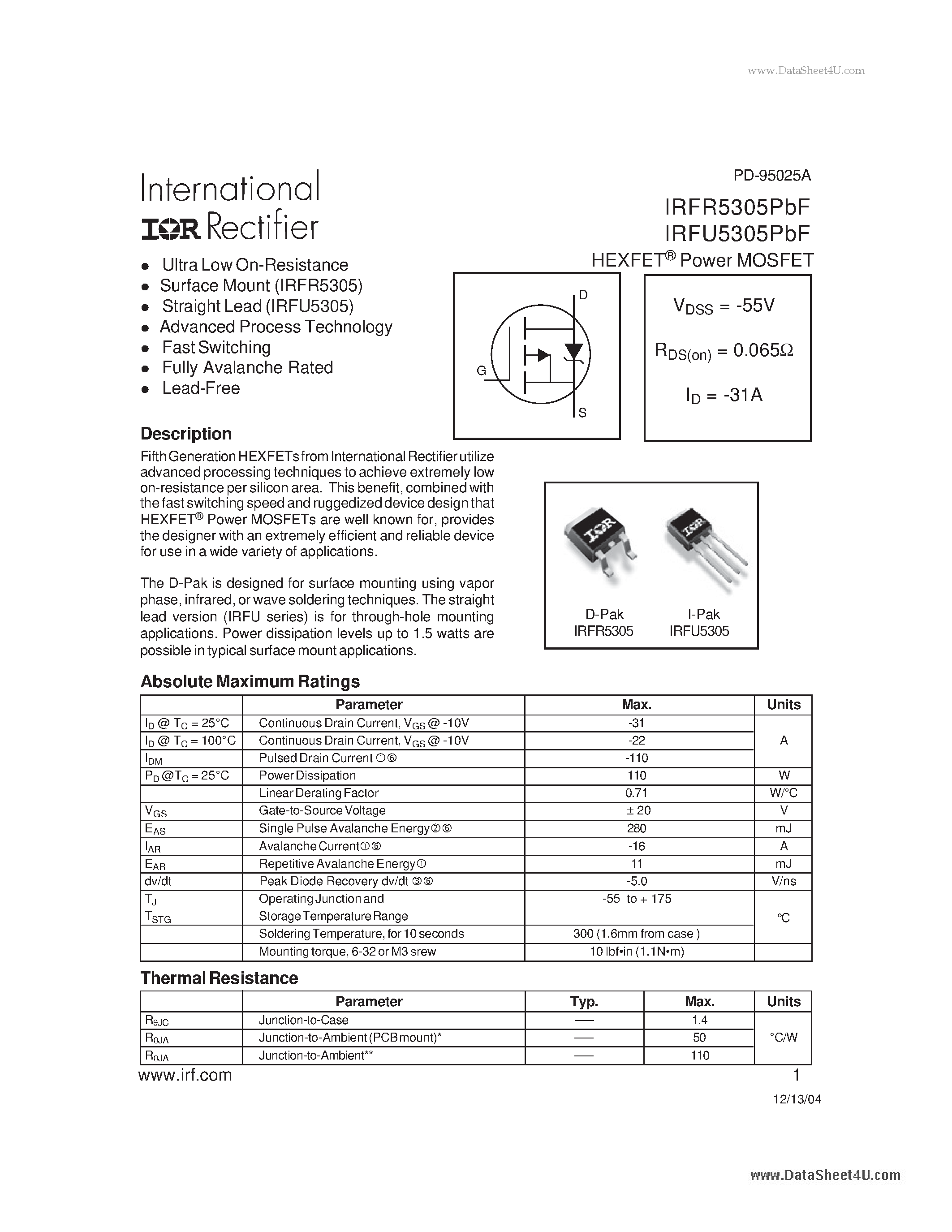Datasheet IRFR5305PBF page 1 Datasheet IRFR5305PBF - Power MOSFET page 1