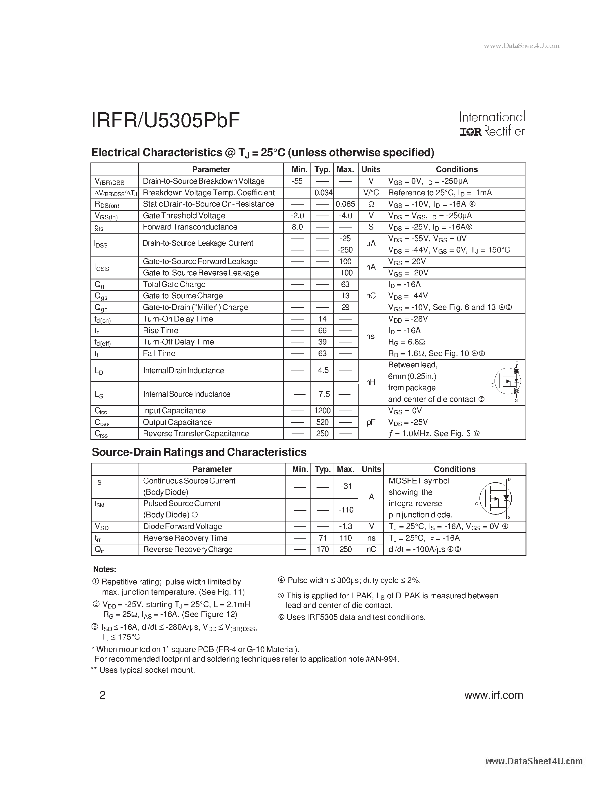 Datasheet IRFR5305PBF page 2 Datasheet IRFR5305PBF - Power MOSFET page 2