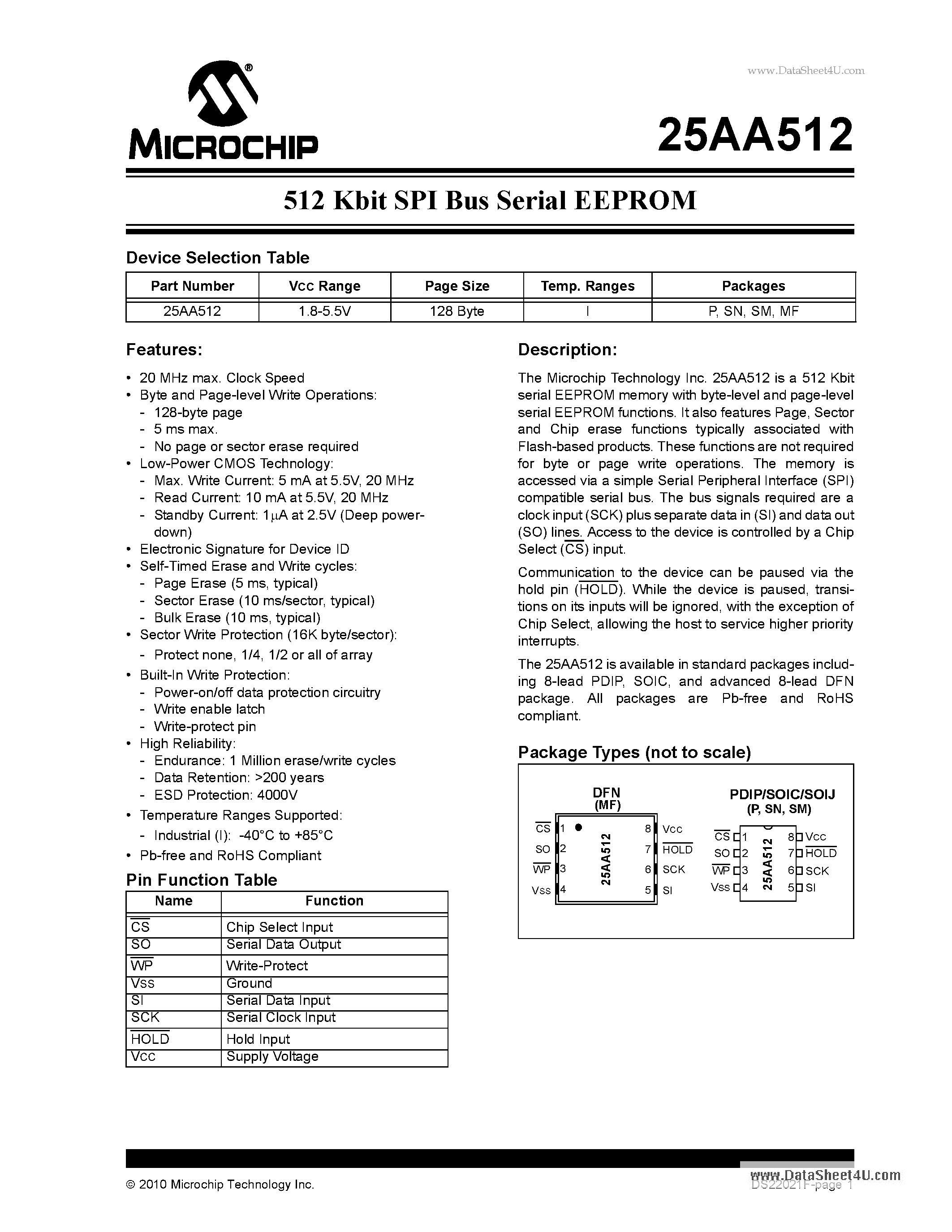 Datasheet 25AA512 page 1 Datasheet 25AA512 - 512 Kbit SPI Bus Serial EEPROM page 1
