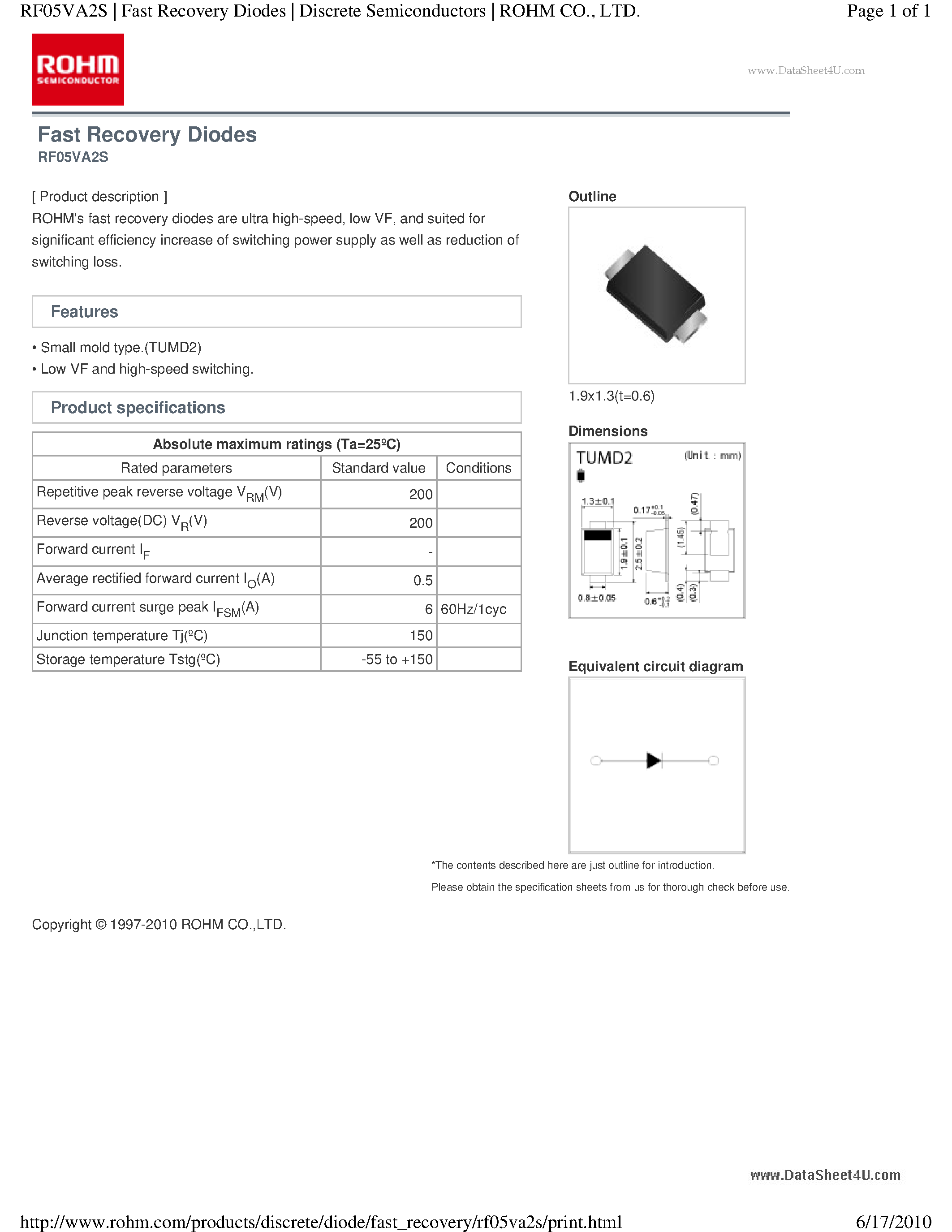 Даташит RF05VA2S - Fast Recovery Diodes страница 1