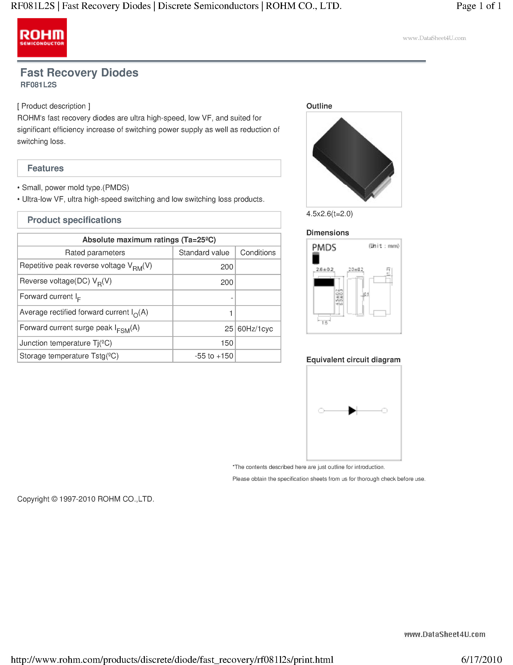 Даташит RF081L2S - Fast Recovery Diodes страница 1
