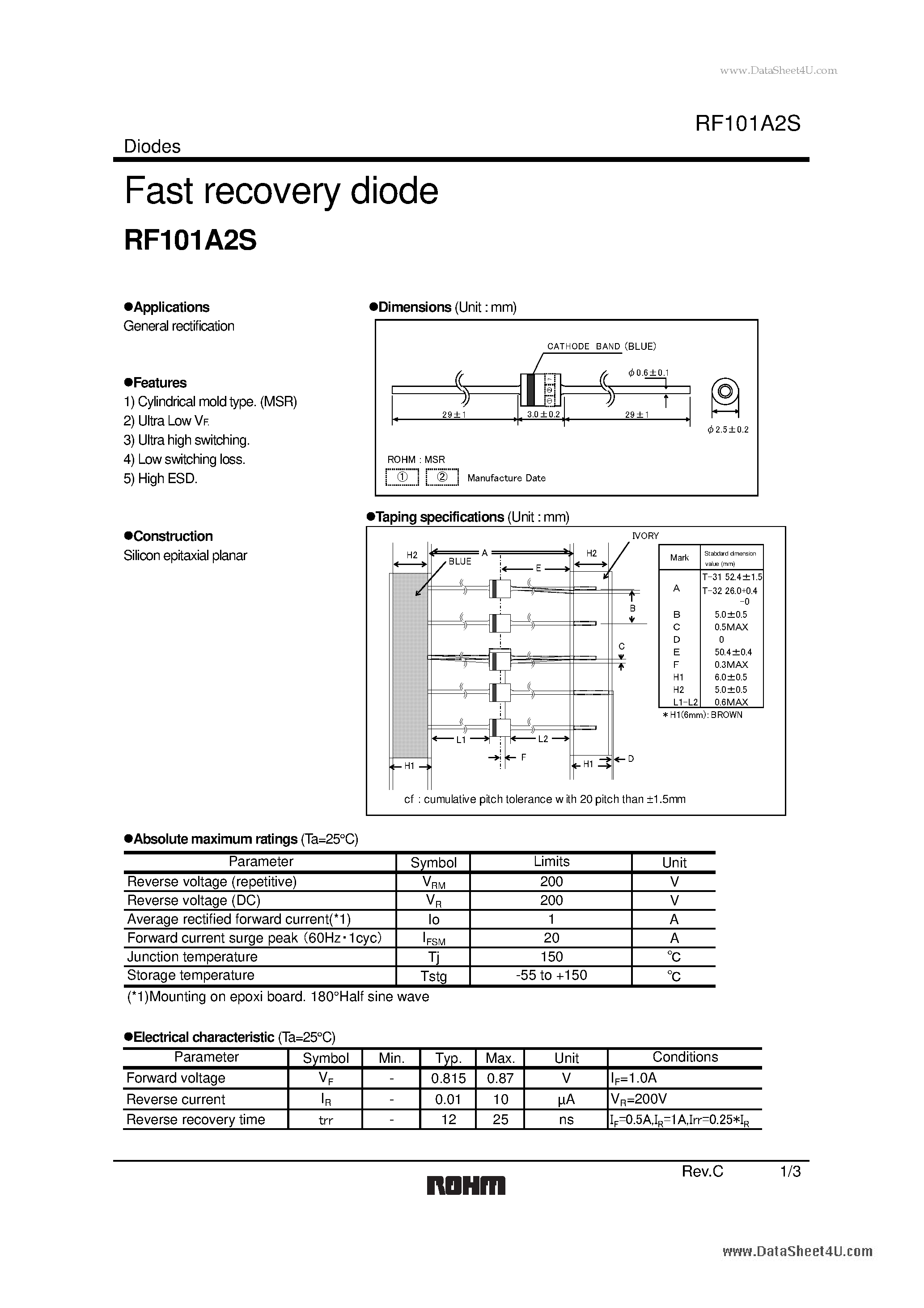 Даташит RF101A2S - Fast Recovery Diodes страница 1