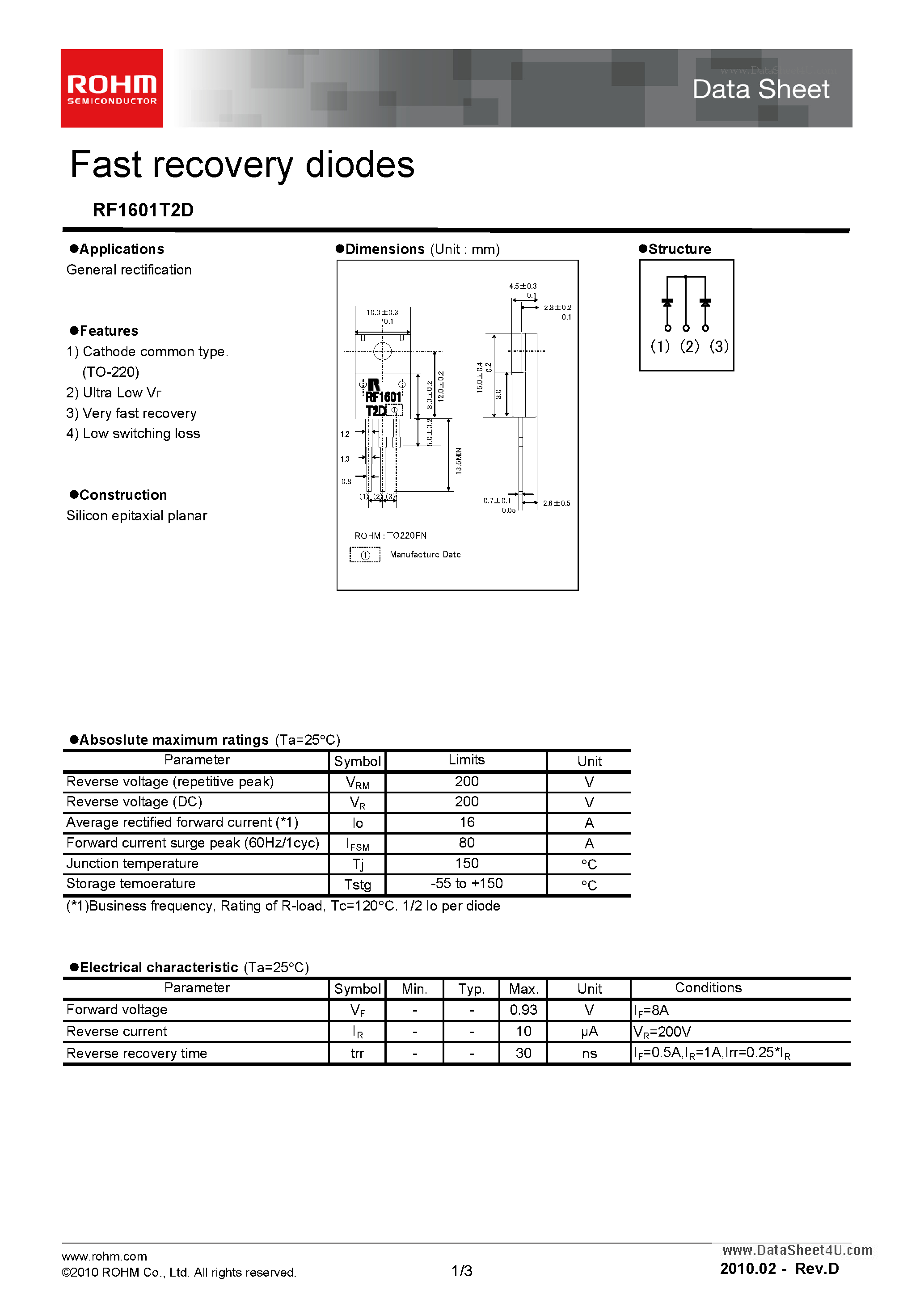 Даташит на микросхему RF1601T2D страница 1 Даташит RF1601T2D - Fast Recovery Diodes страница 1