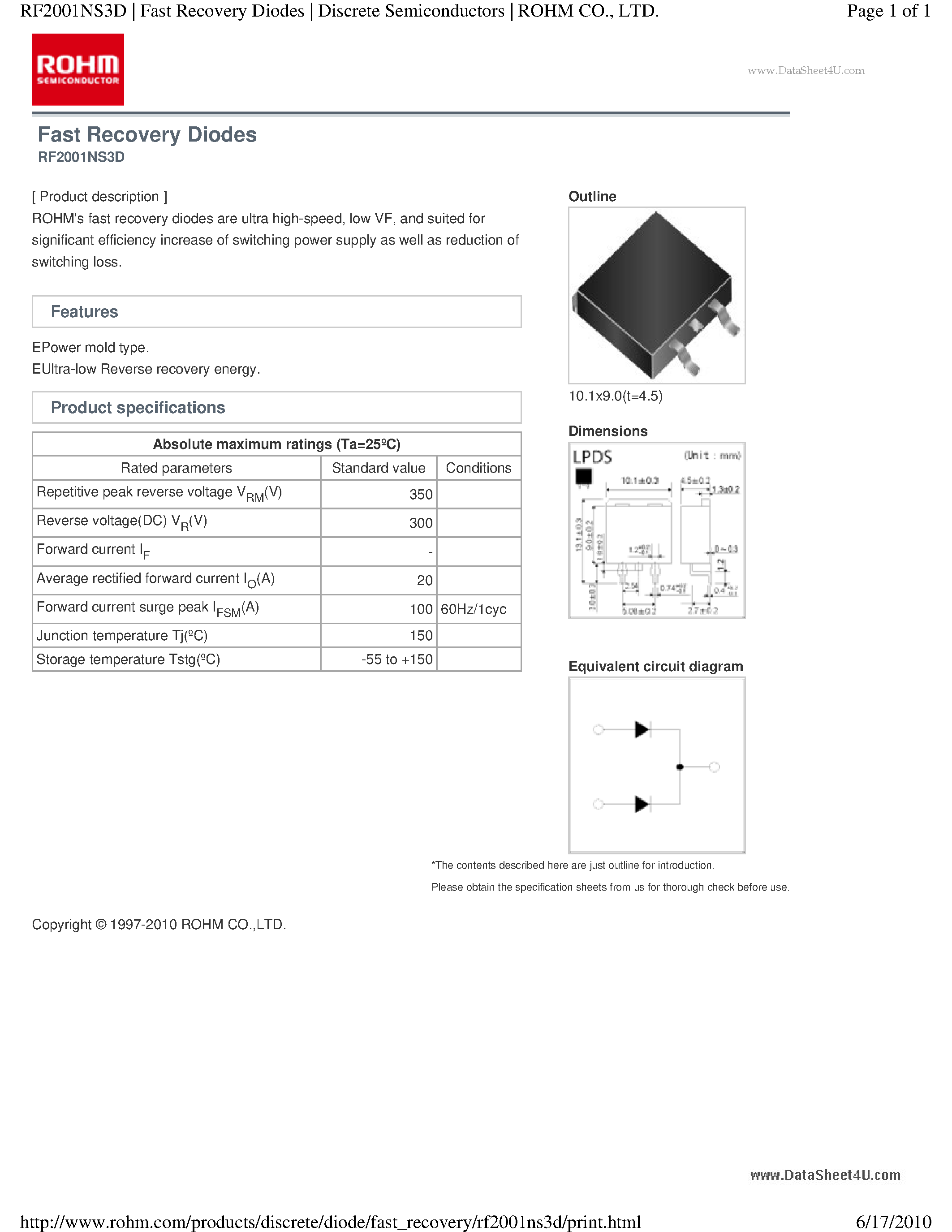 Даташит на микросхему RF2001NS3D страница 1 Даташит RF2001NS3D - Fast Recovery Diodes страница 1