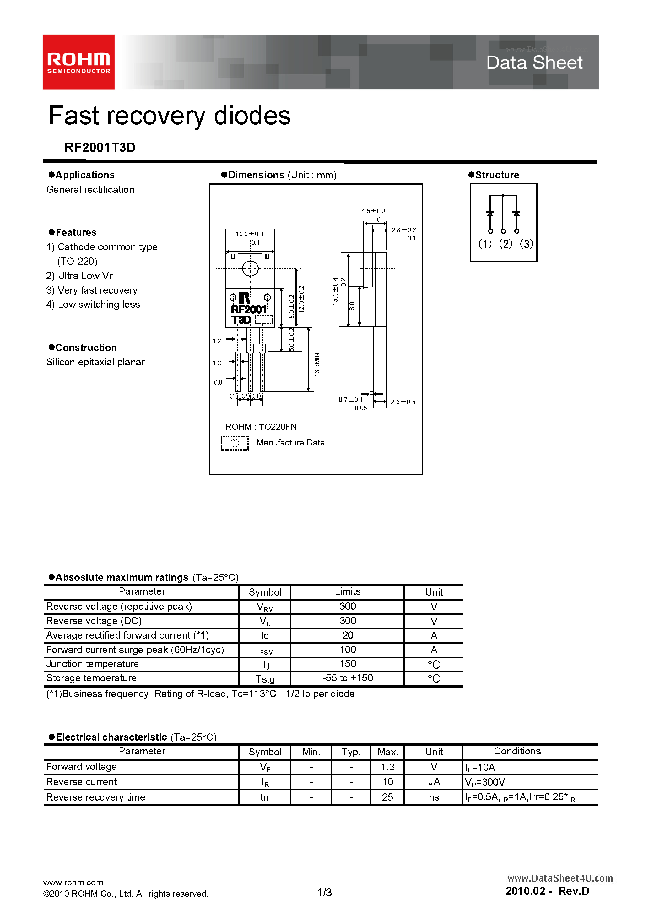 Даташит RF2001T3D - Fast Recovery Diodes страница 1
