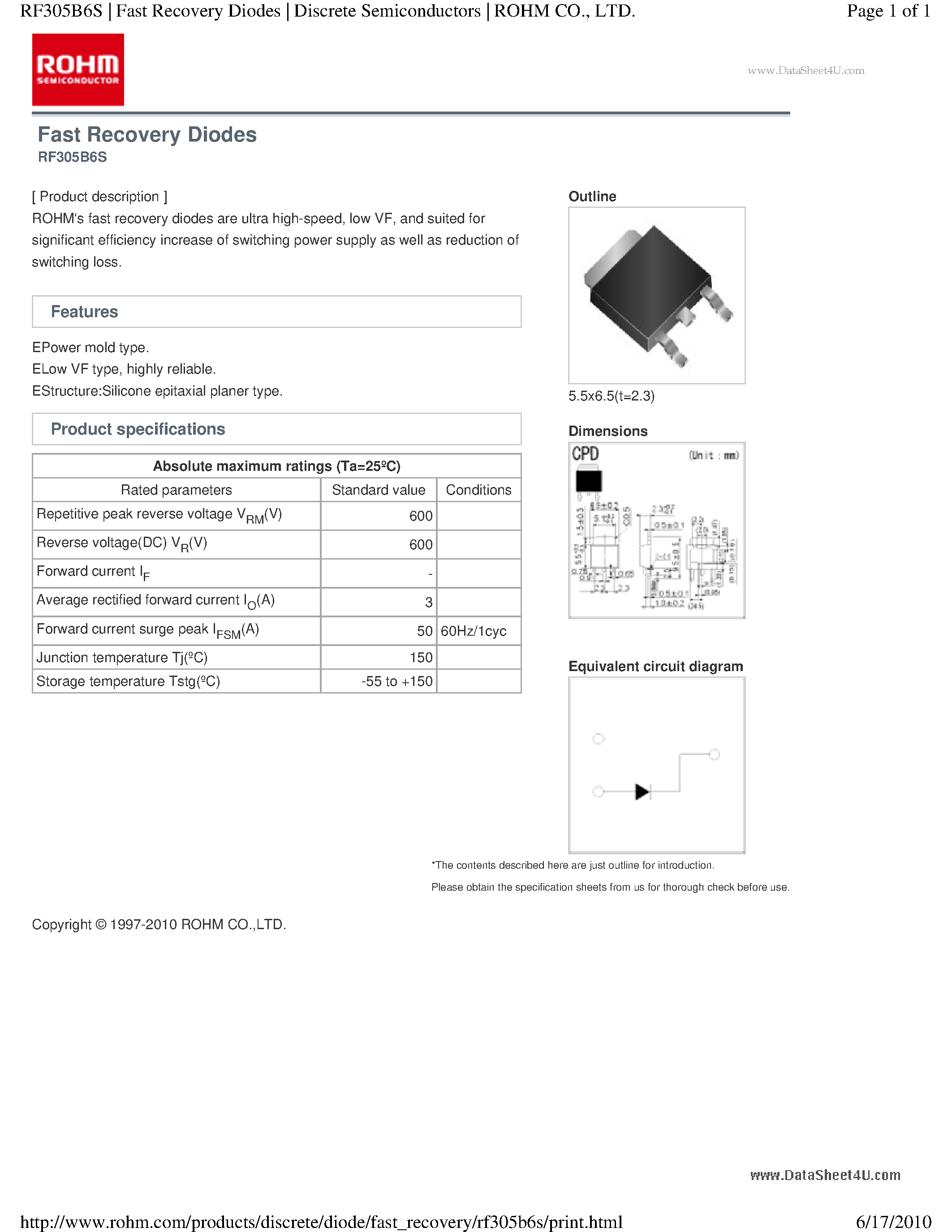 Даташит на микросхему RF305B6S страница 1 Даташит RF305B6S - Fast Recovery Diodes страница 1
