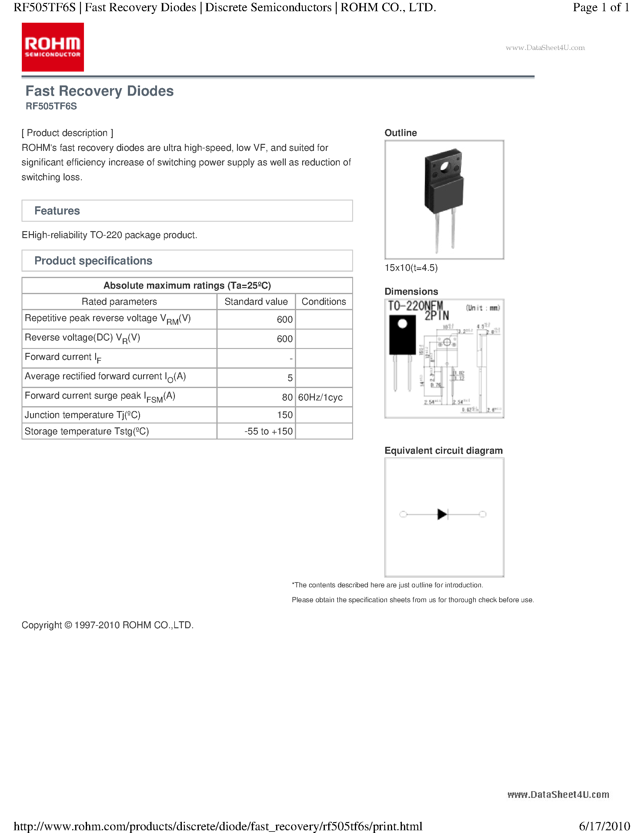 Даташит RF505TF6S - Fast Recovery Diodes страница 1