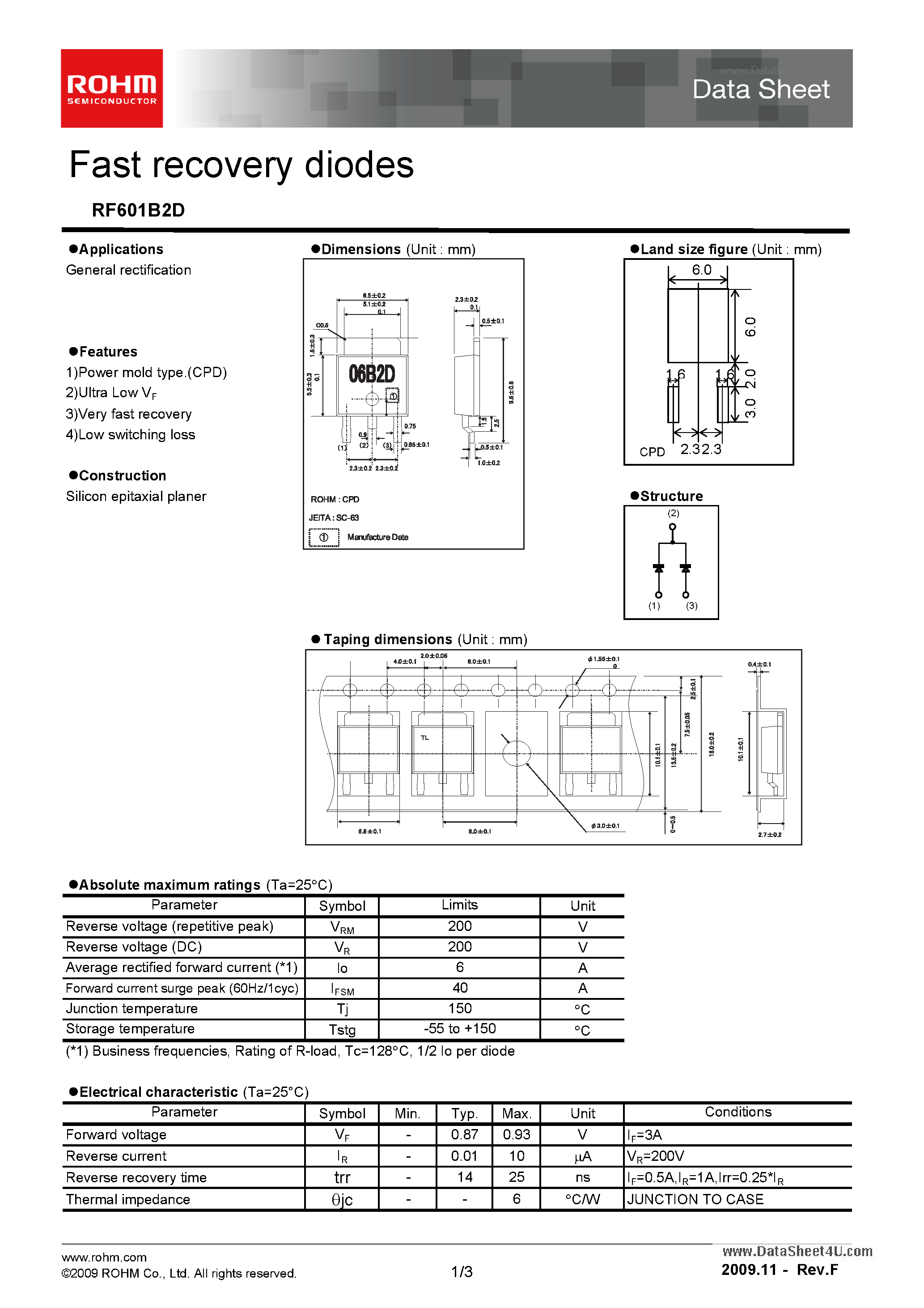 Даташит на микросхему RF601B2D страница 1 Даташит RF601B2D - Fast Recovery Diodes страница 1