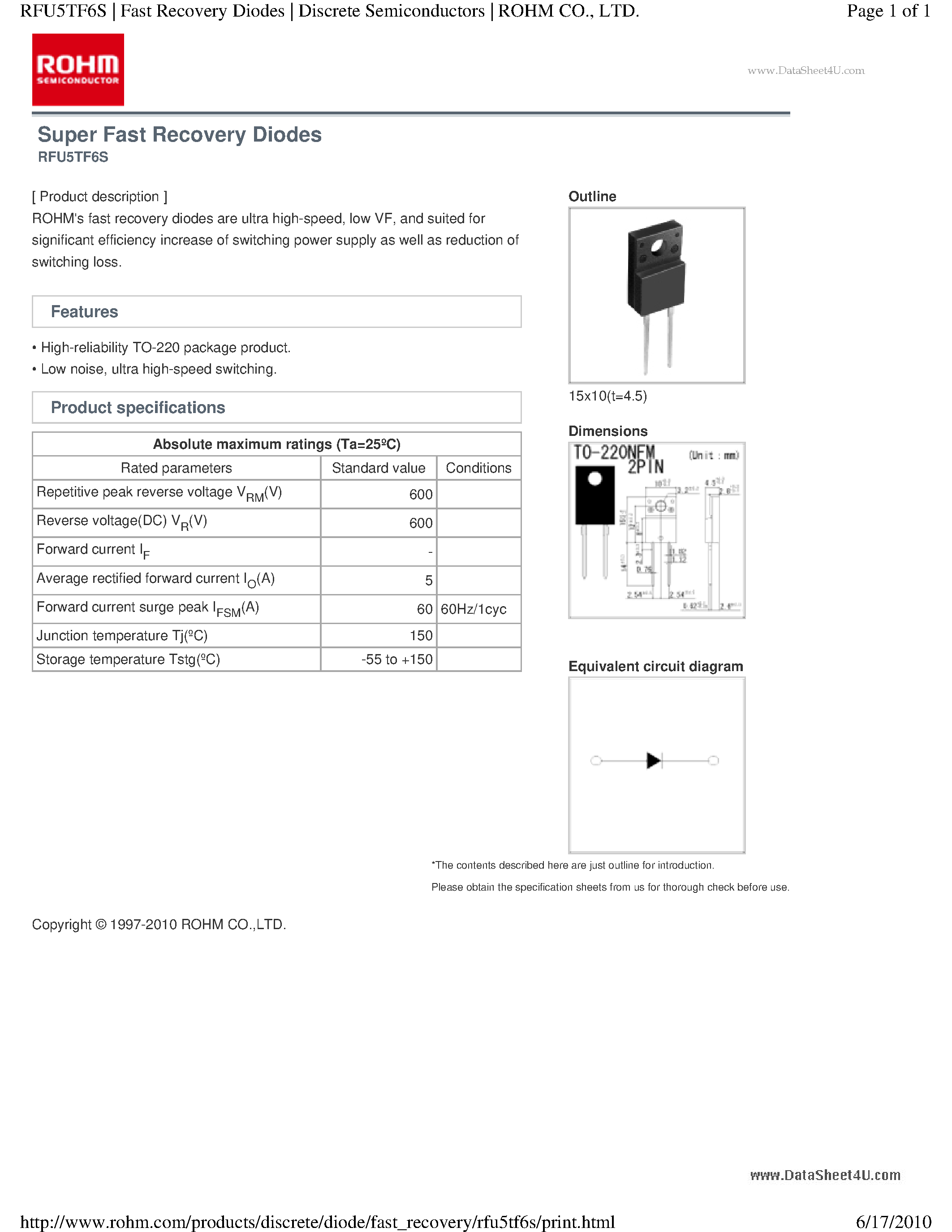 Даташит на микросхему RFU5TF6S страница 1 Даташит RFU5TF6S - Fast Recovery Diodes страница 1