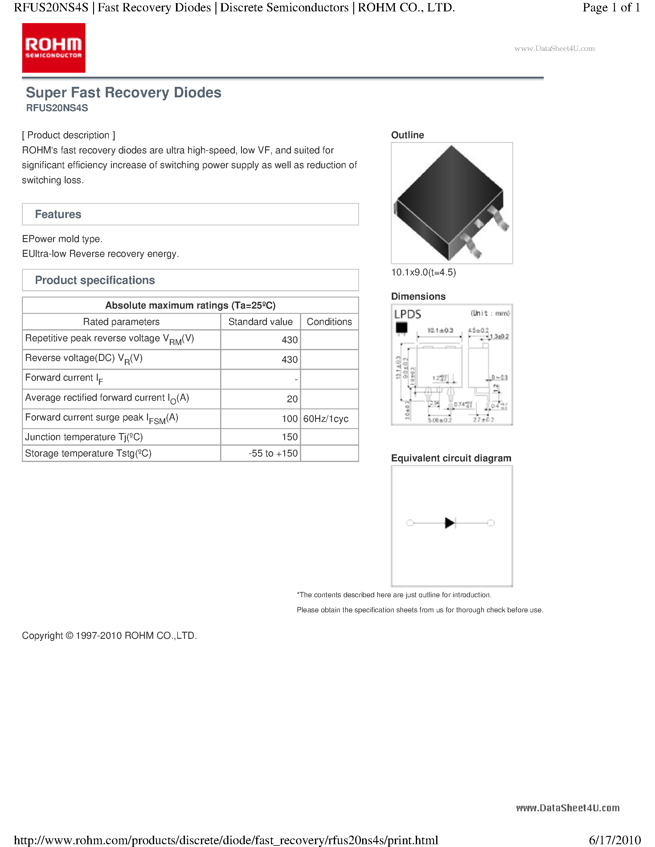 Даташит RFUS20NS4S - Super Fast Recovery Diodes страница 1