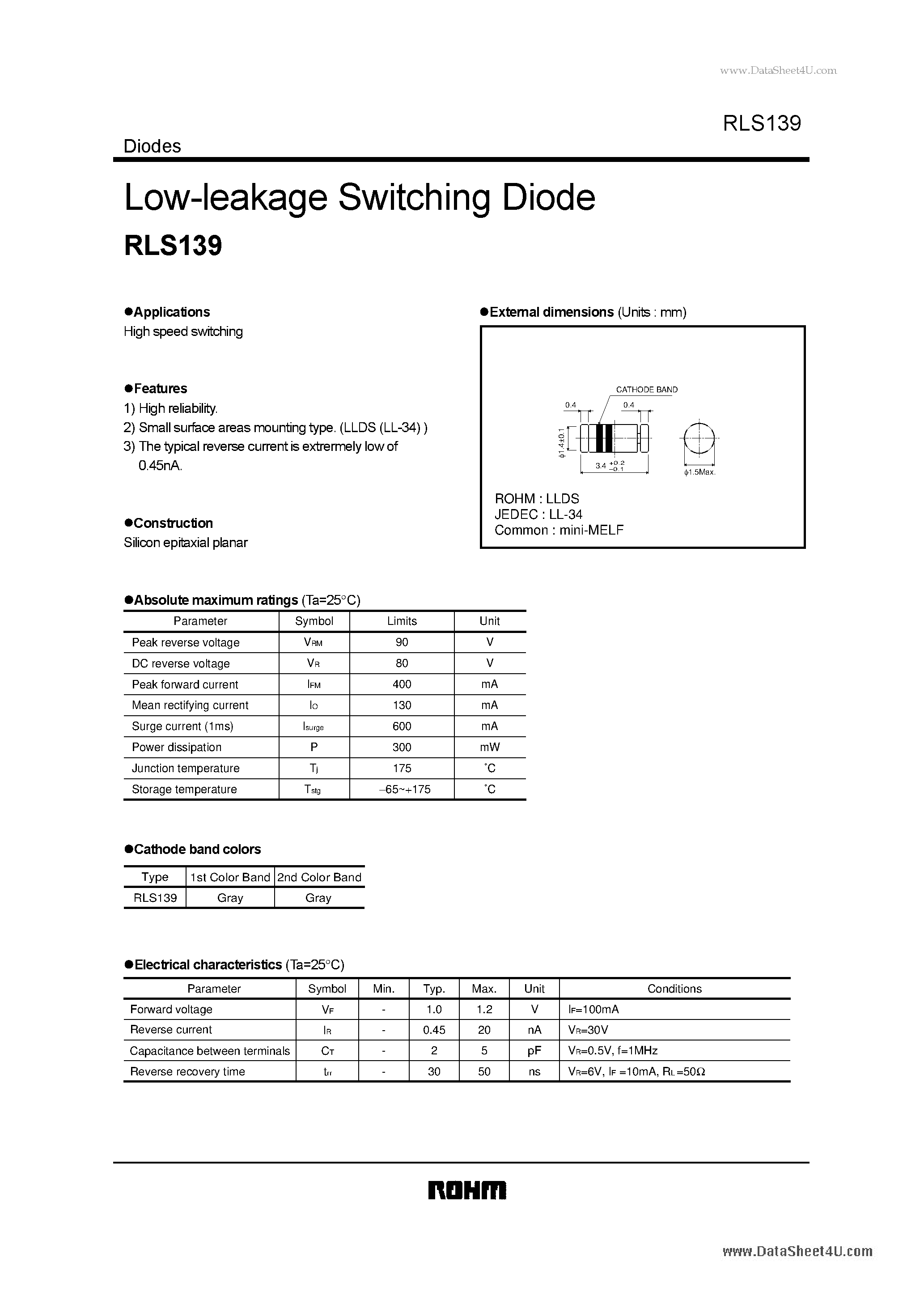 Datasheet RLS139 page 1 Datasheet RLS139 - Low-leakage Switching Diode page 1