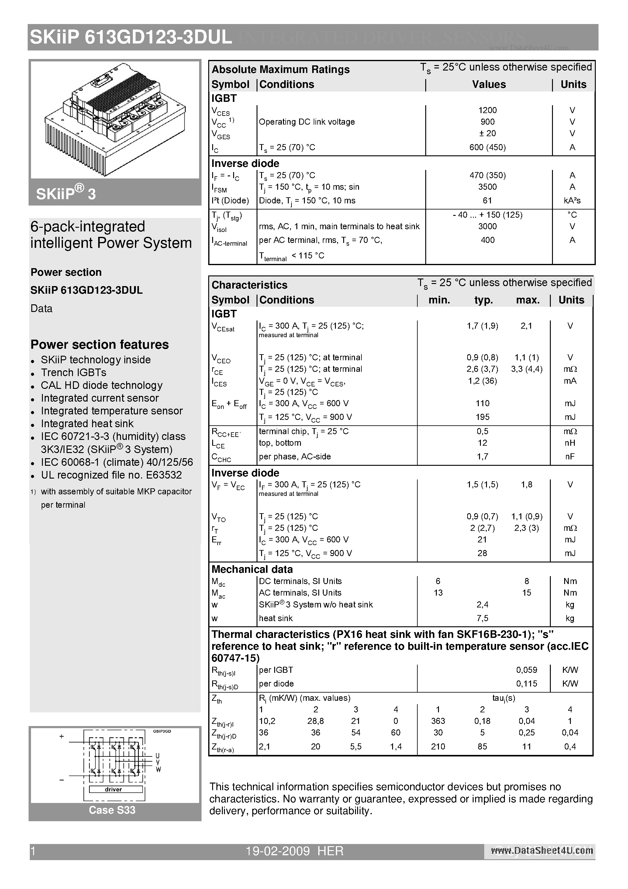 Datasheet SKIIP613GD123-3DUL - 6-pack-integrated intelligent Power System page 1