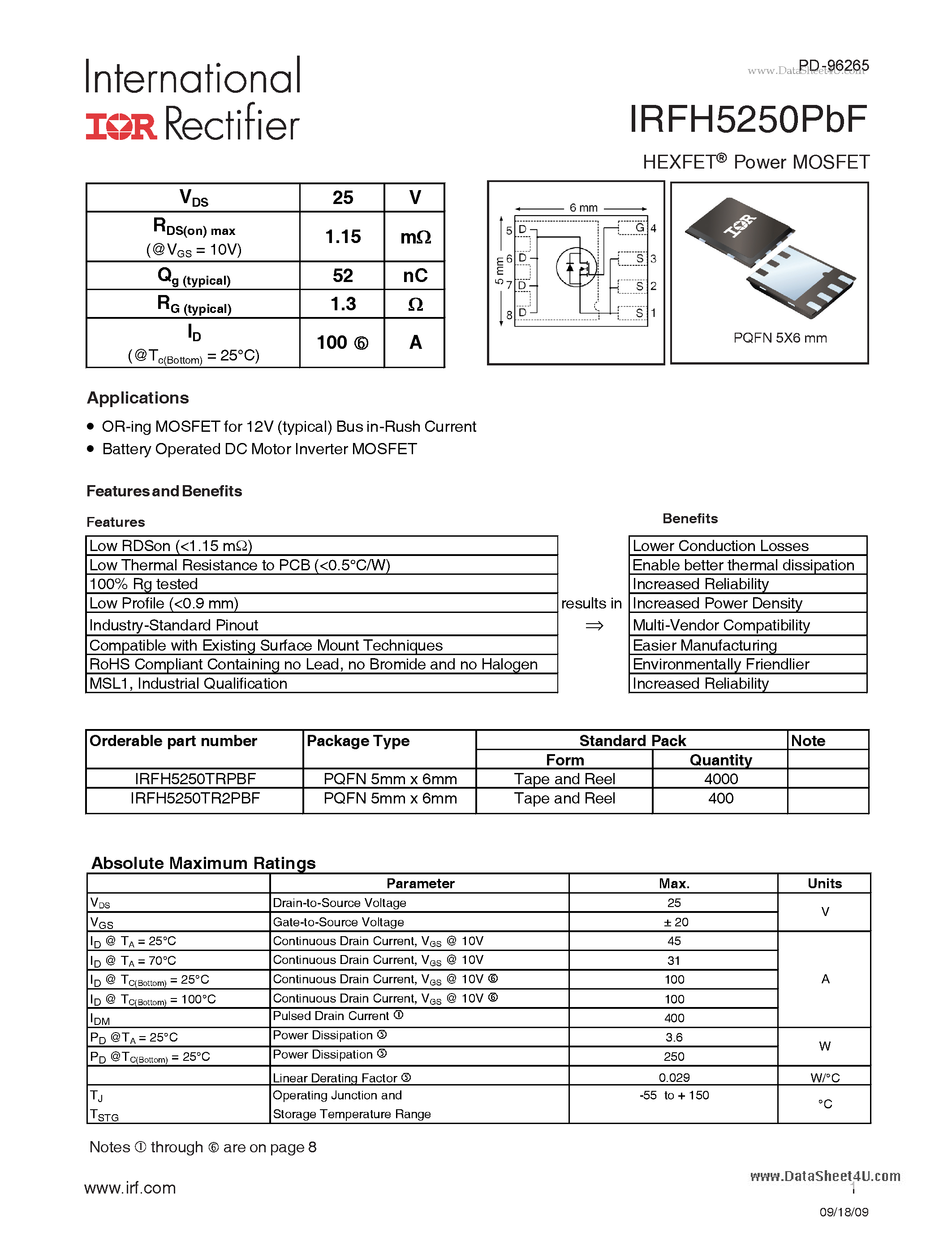 Datasheet IRFH5250PBF - HEXFET Power MOSFET page 1