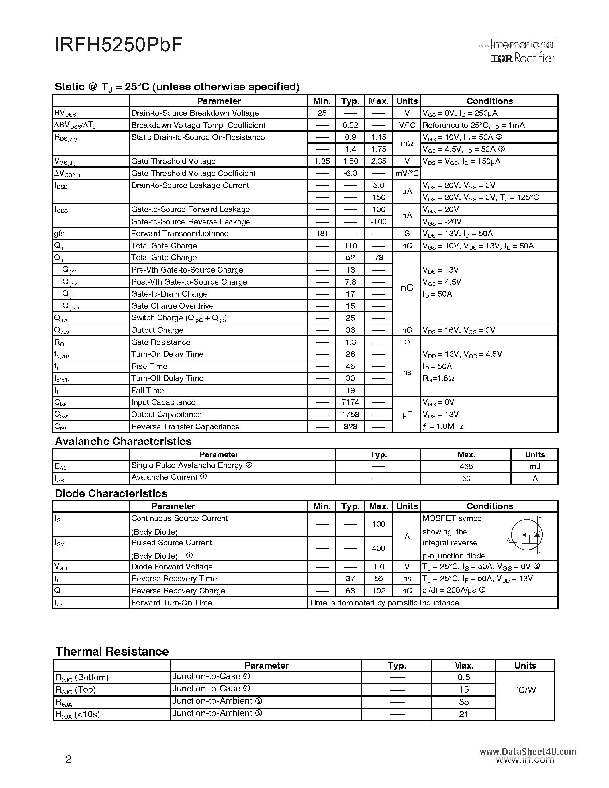 Datasheet IRFH5250PBF - HEXFET Power MOSFET page 2