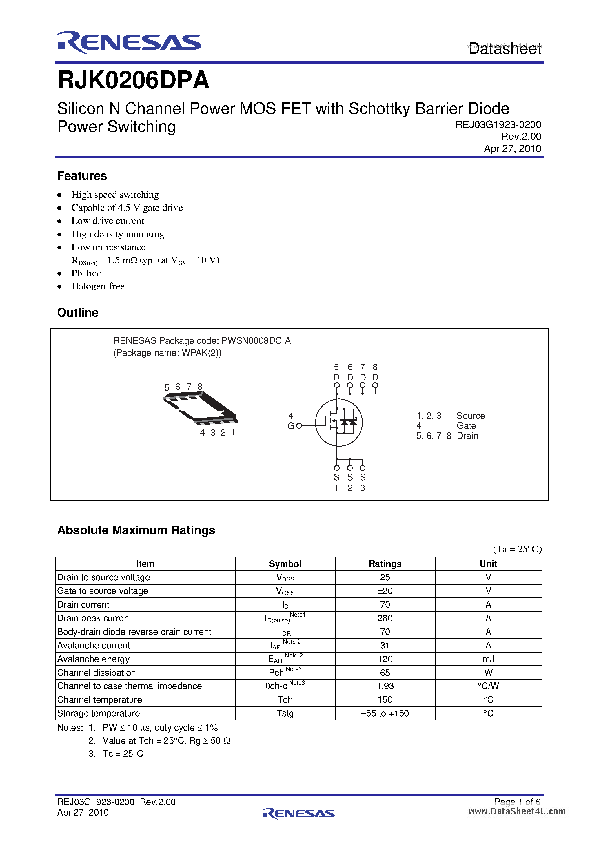 Datasheet RJK0206DPA page 1 Datasheet RJK0206DPA - Silicon N Channel Power MOS FET page 1