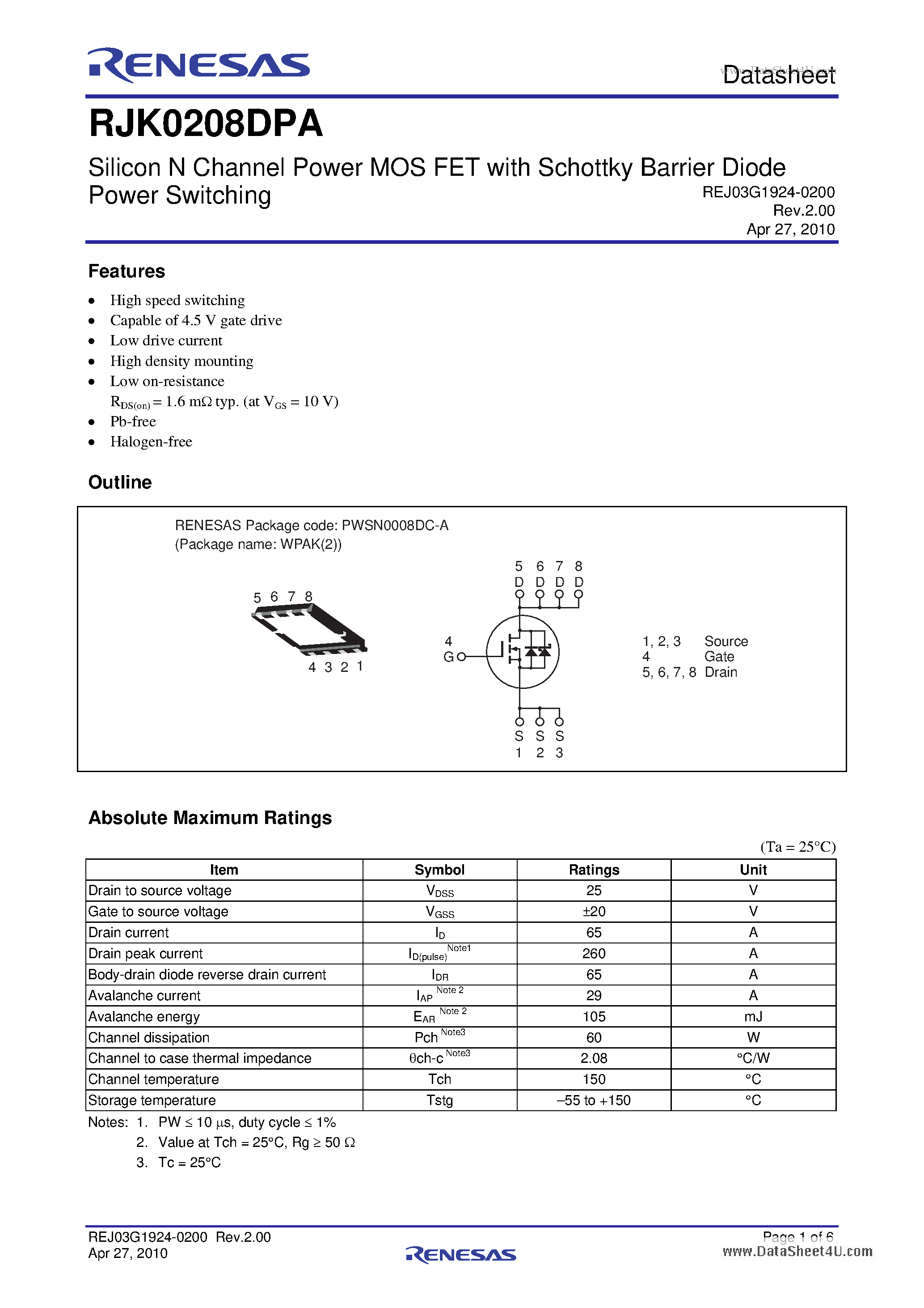 Datasheet RJK0208DPA - Silicon N Channel Power MOS FET page 1