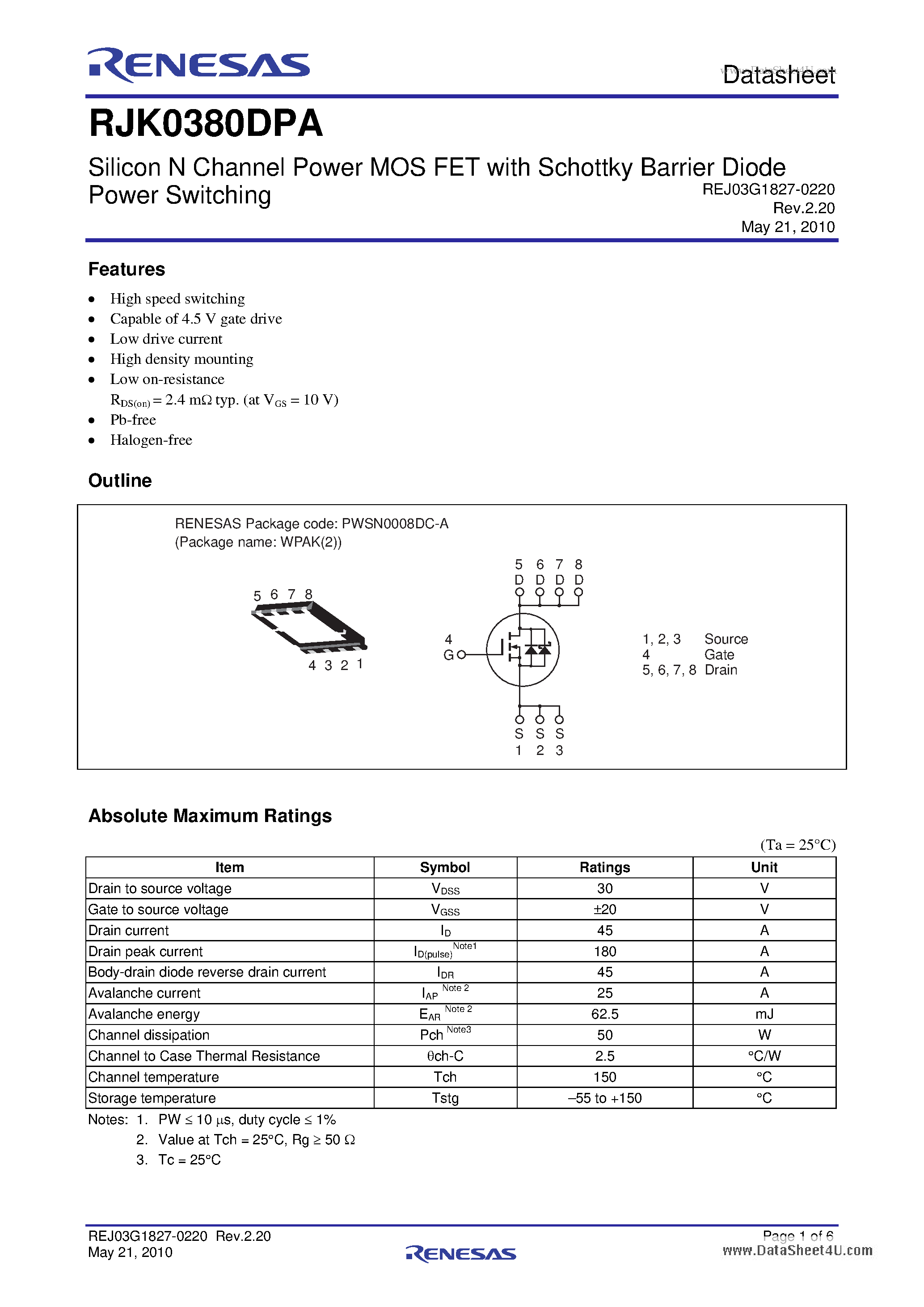 Datasheet RJK0380DPA page 1 Datasheet RJK0380DPA - Silicon N Channel Power MOS FET page 1