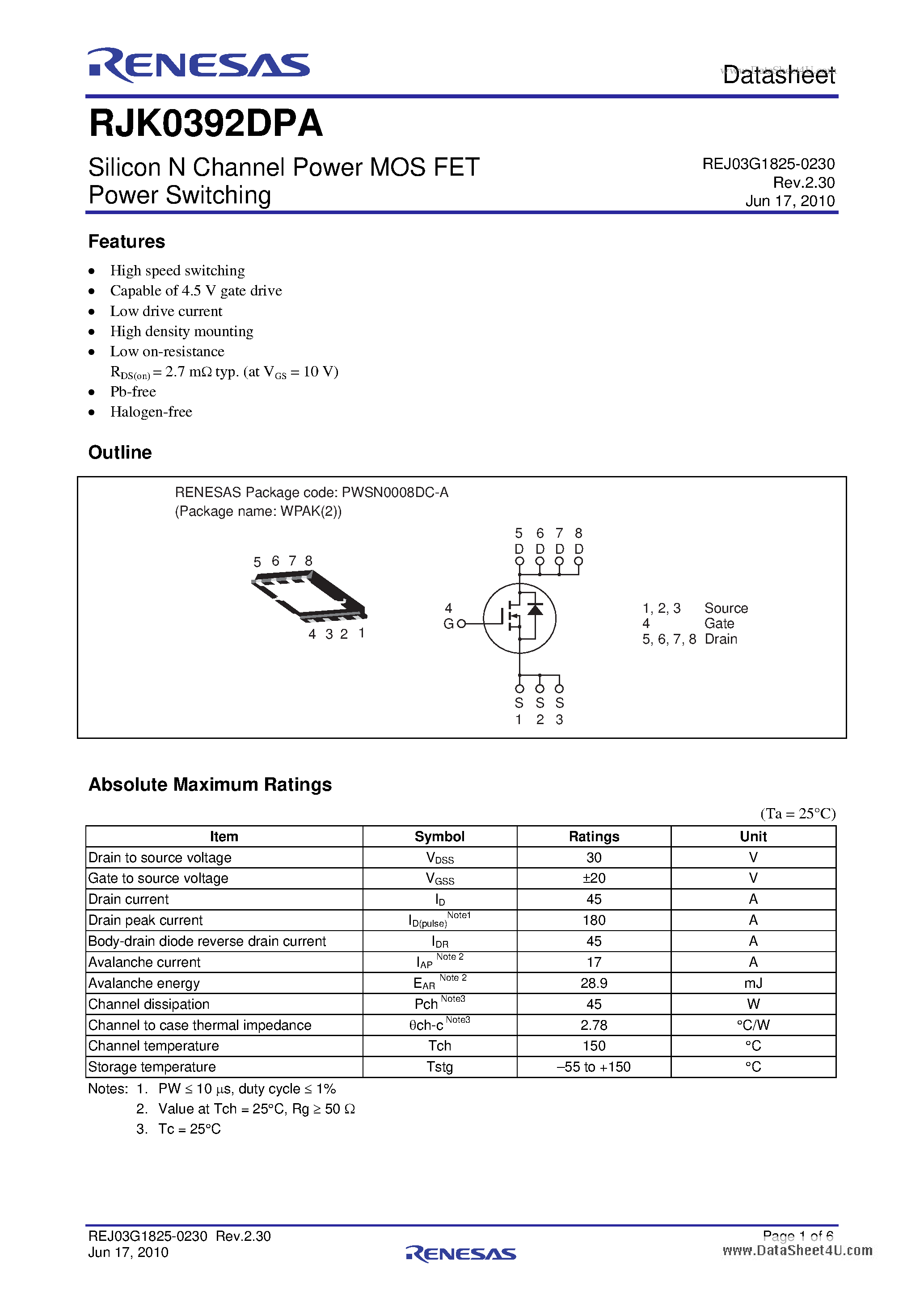 Datasheet RJK0392DPA page 1 Datasheet RJK0392DPA - Silicon N Channel Power MOS FET page 1