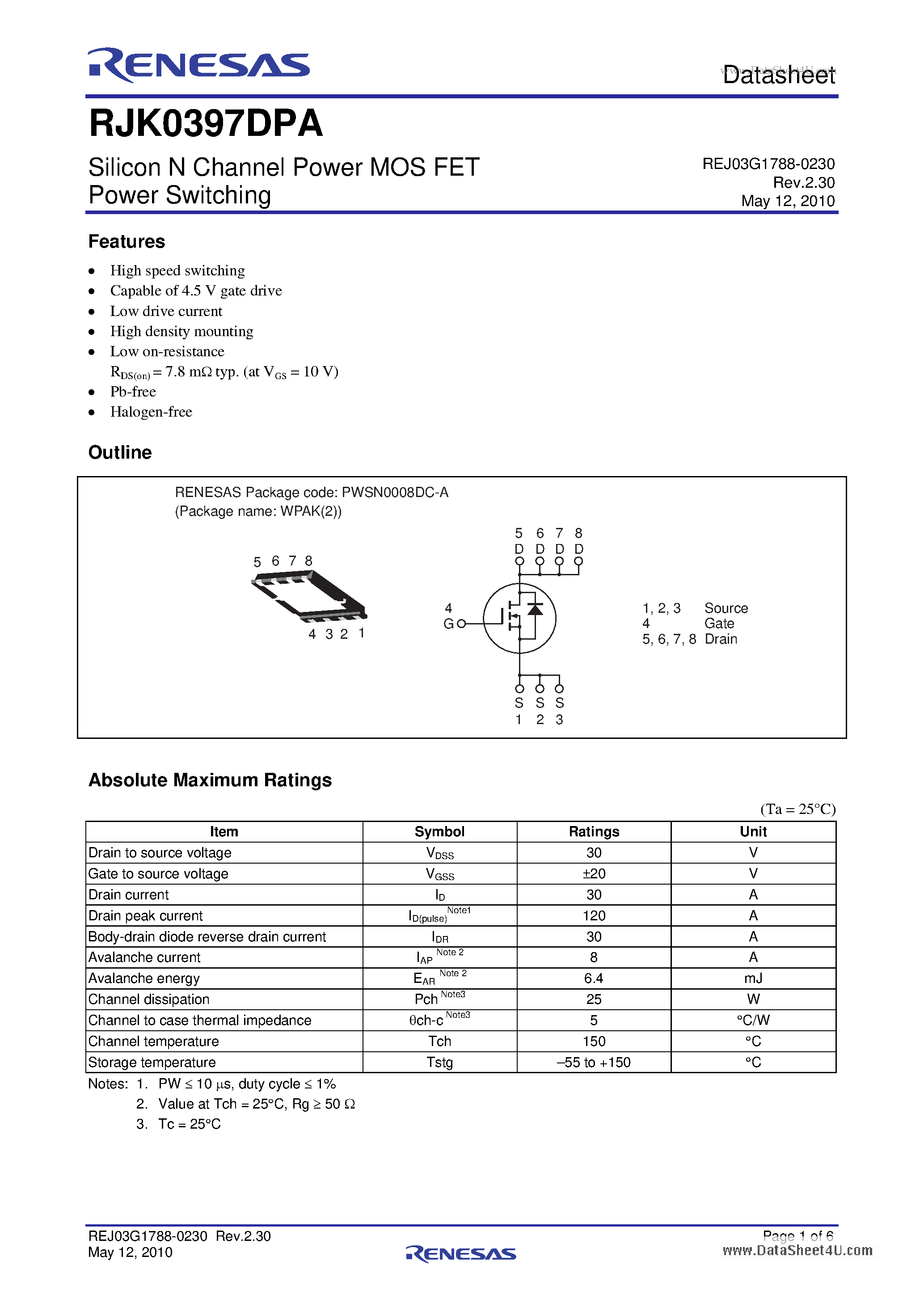 Datasheet RJK0397DPA page 1 Datasheet RJK0397DPA - Silicon N Channel Power MOS FET page 1