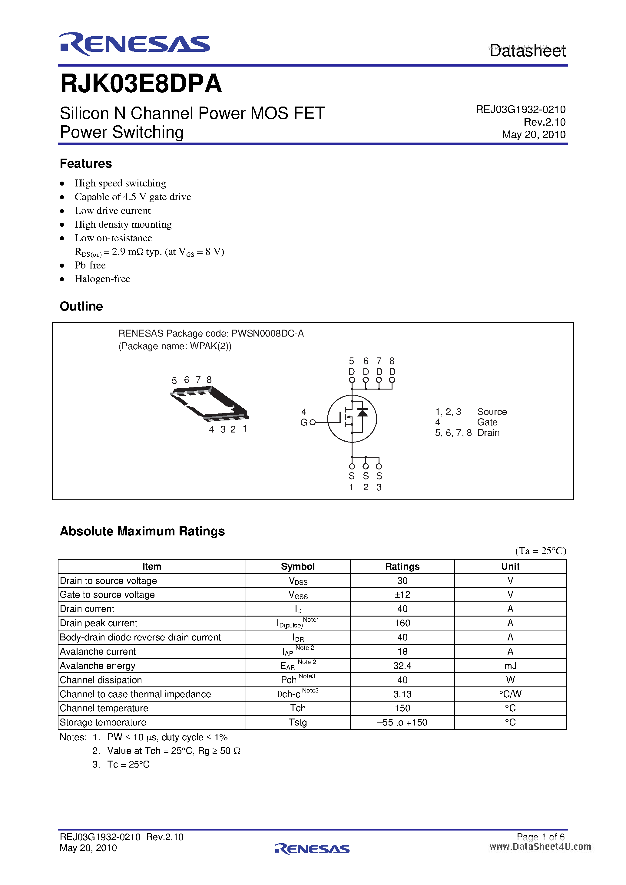 Datasheet RJK03E8DPA page 1 Datasheet RJK03E8DPA - Silicon N Channel Power MOS FET page 1