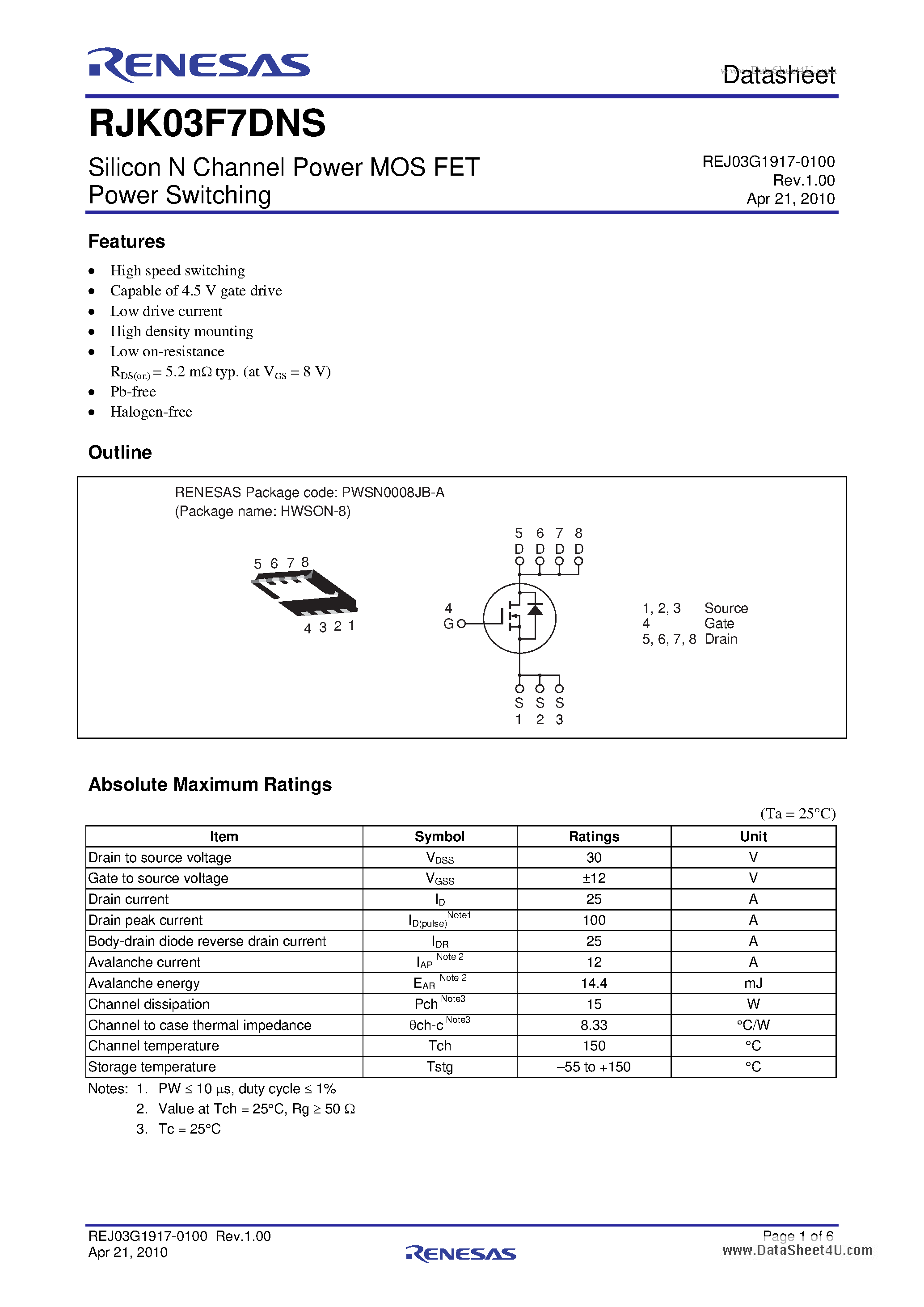 Даташит RJK03F7DNS - Silicon N Channel Power MOS FET страница 1