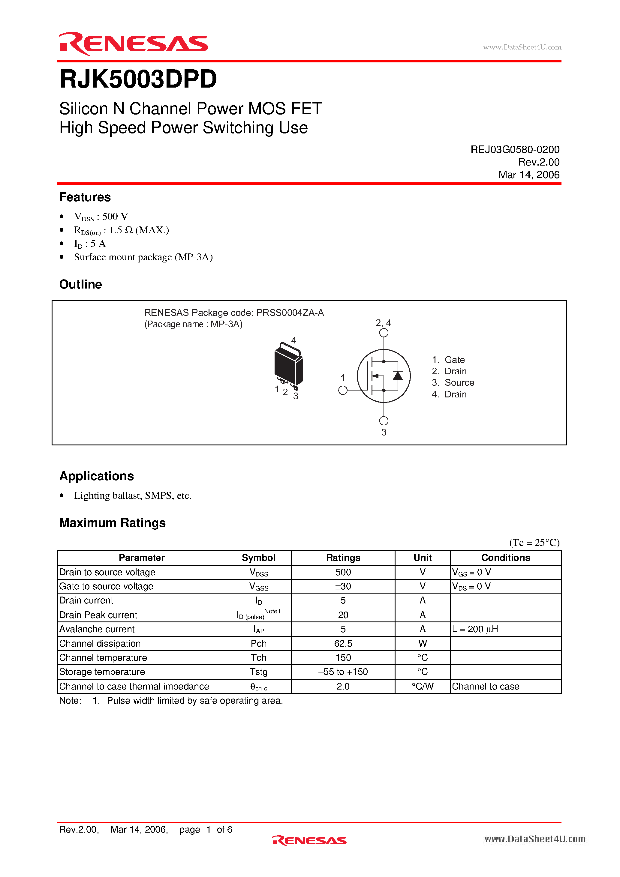 Datasheet RJK5003DPD page 1 Datasheet RJK5003DPD - Silicon N Channel Power MOS FET page 1