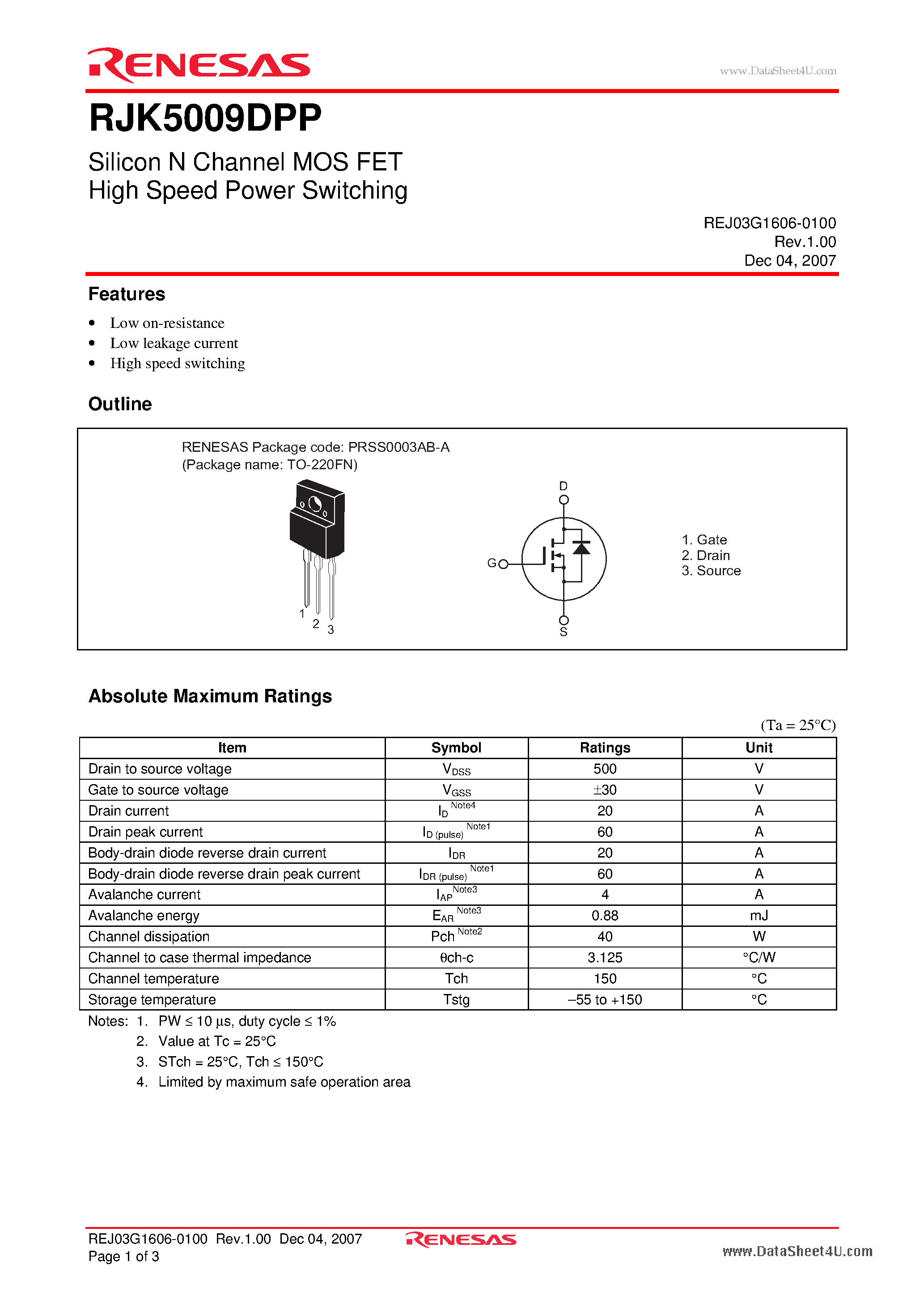 Datasheet RJK5009DPP page 1 Datasheet RJK5009DPP - Silicon N Channel Power MOS FET page 1