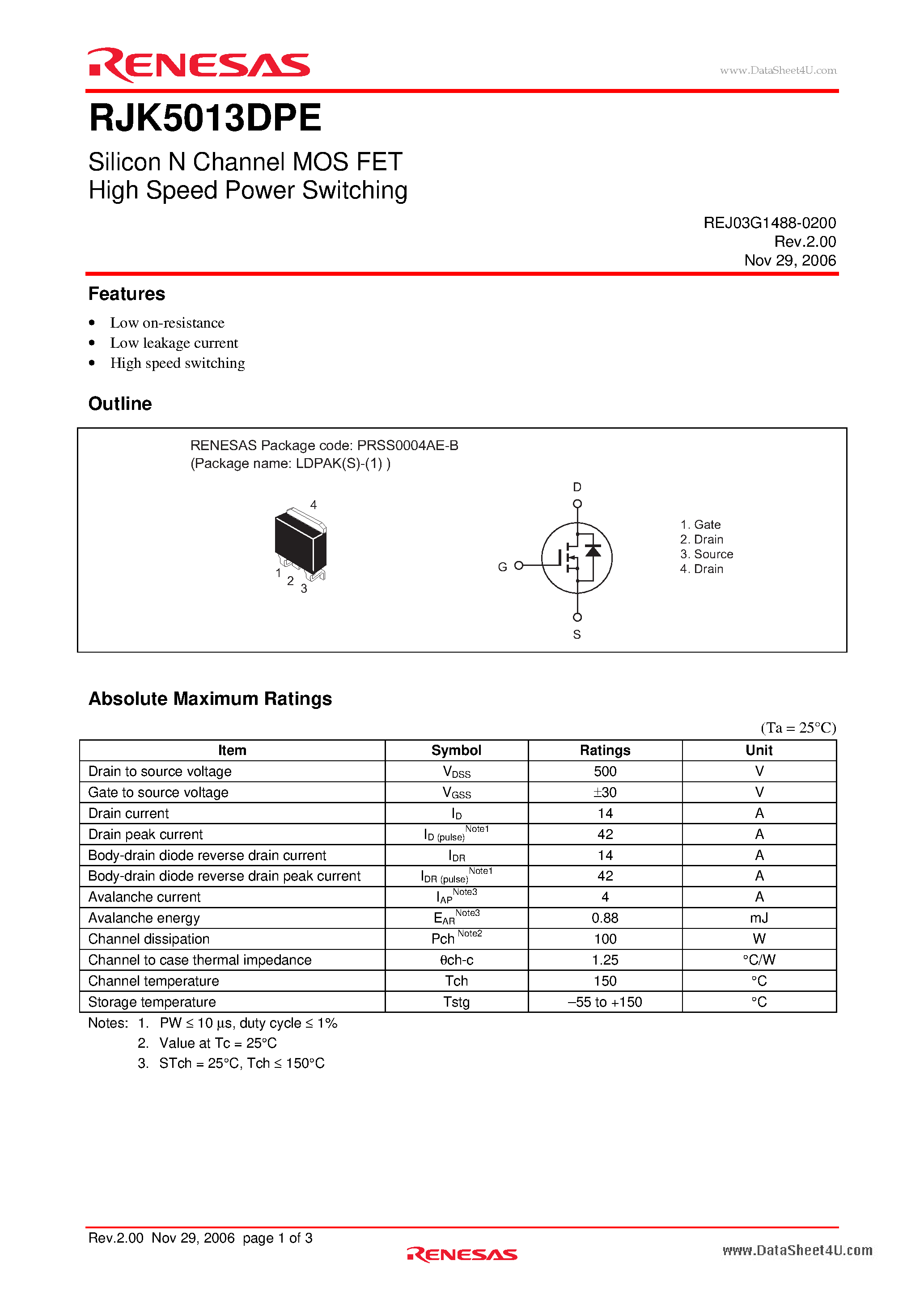 Datasheet RJK5013DPE page 1 Datasheet RJK5013DPE - Silicon N Channel Power MOS FET page 1