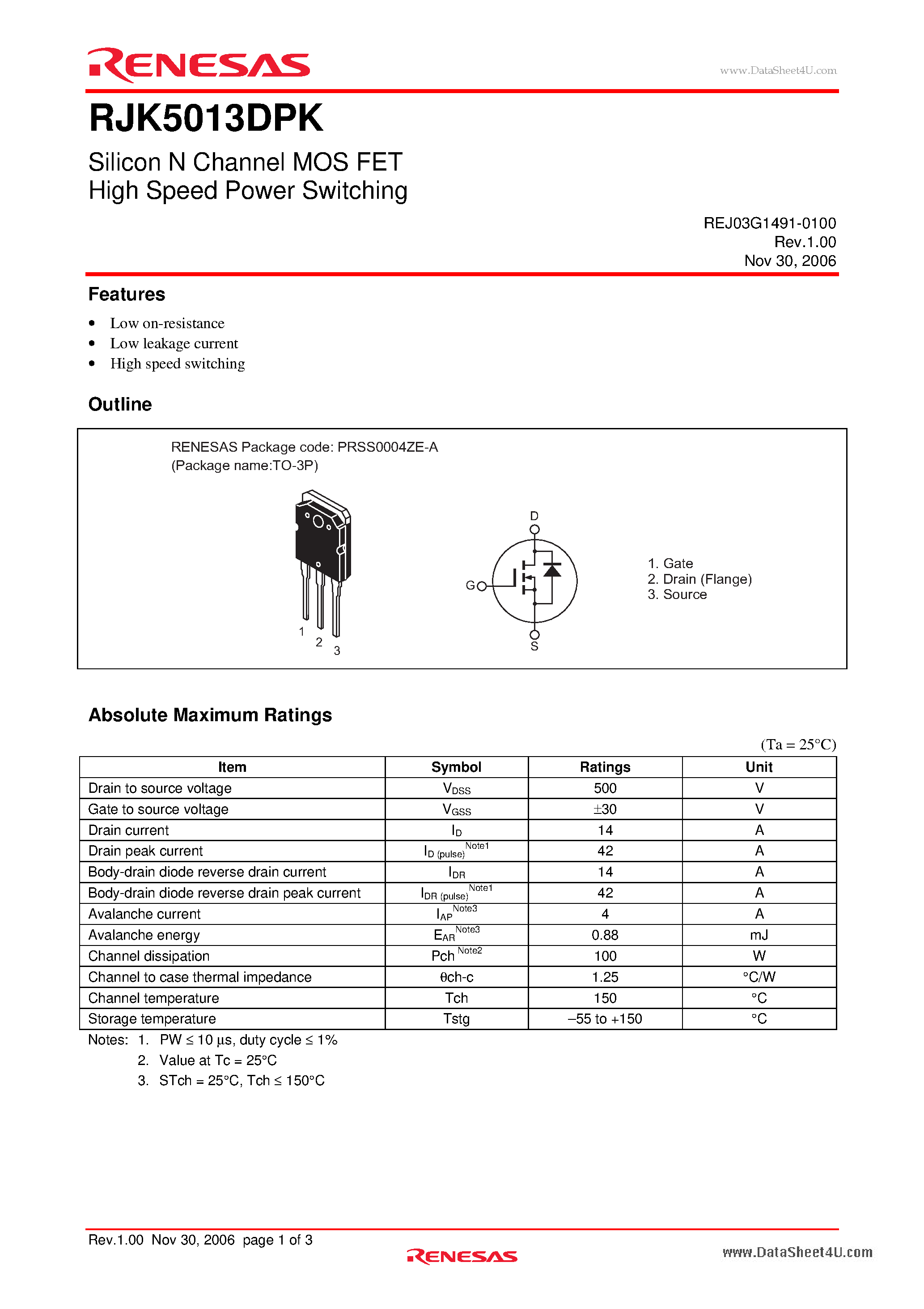 Даташит на микросхему RJK5013DPK страница 1 Даташит RJK5013DPK - Silicon N Channel MOS FET High Speed Power Switching страница 1