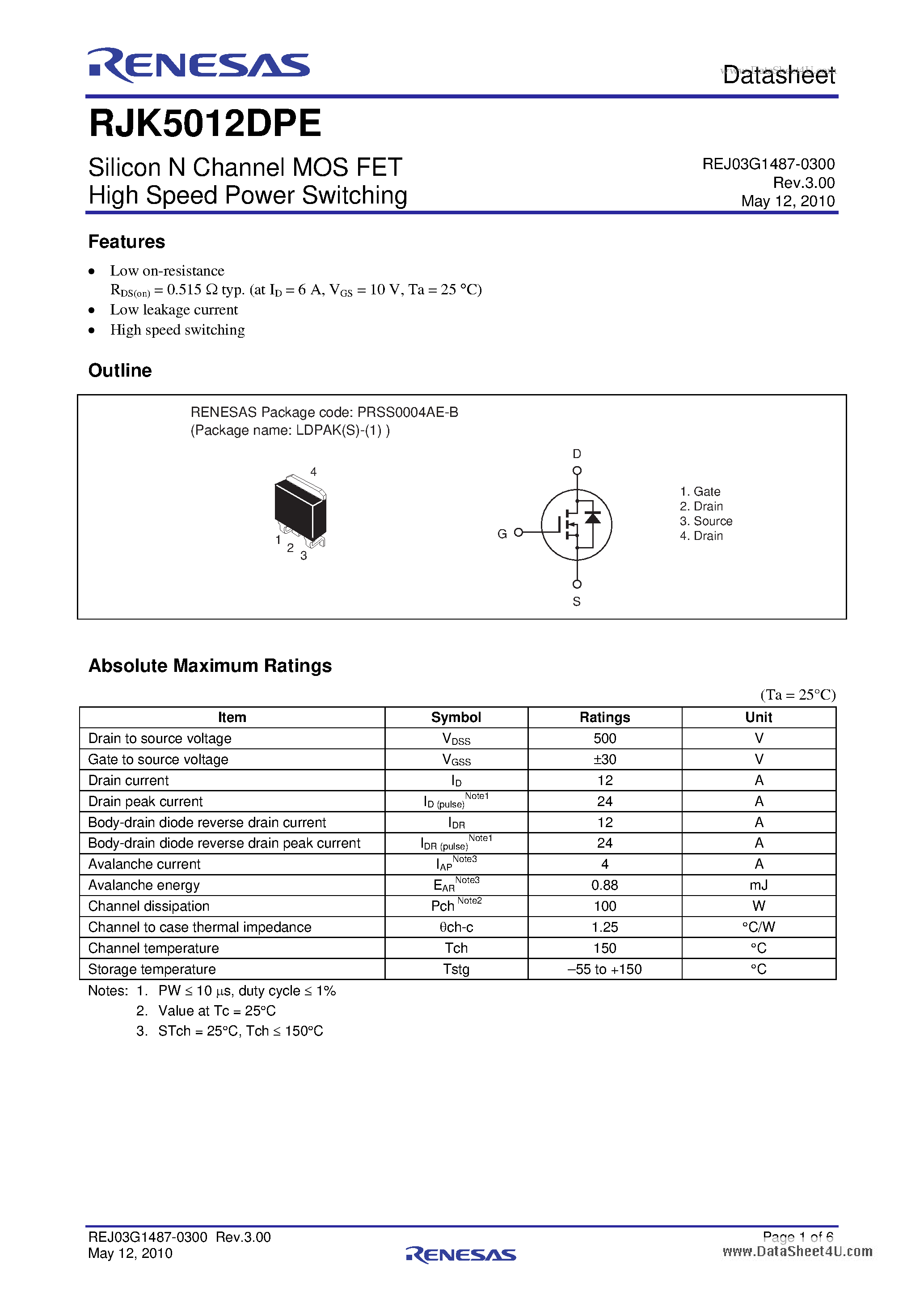 Datasheet RJK5012DPE page 1 Datasheet RJK5012DPE - Silicon N Channel MOS FET High Speed Power Switching page 1