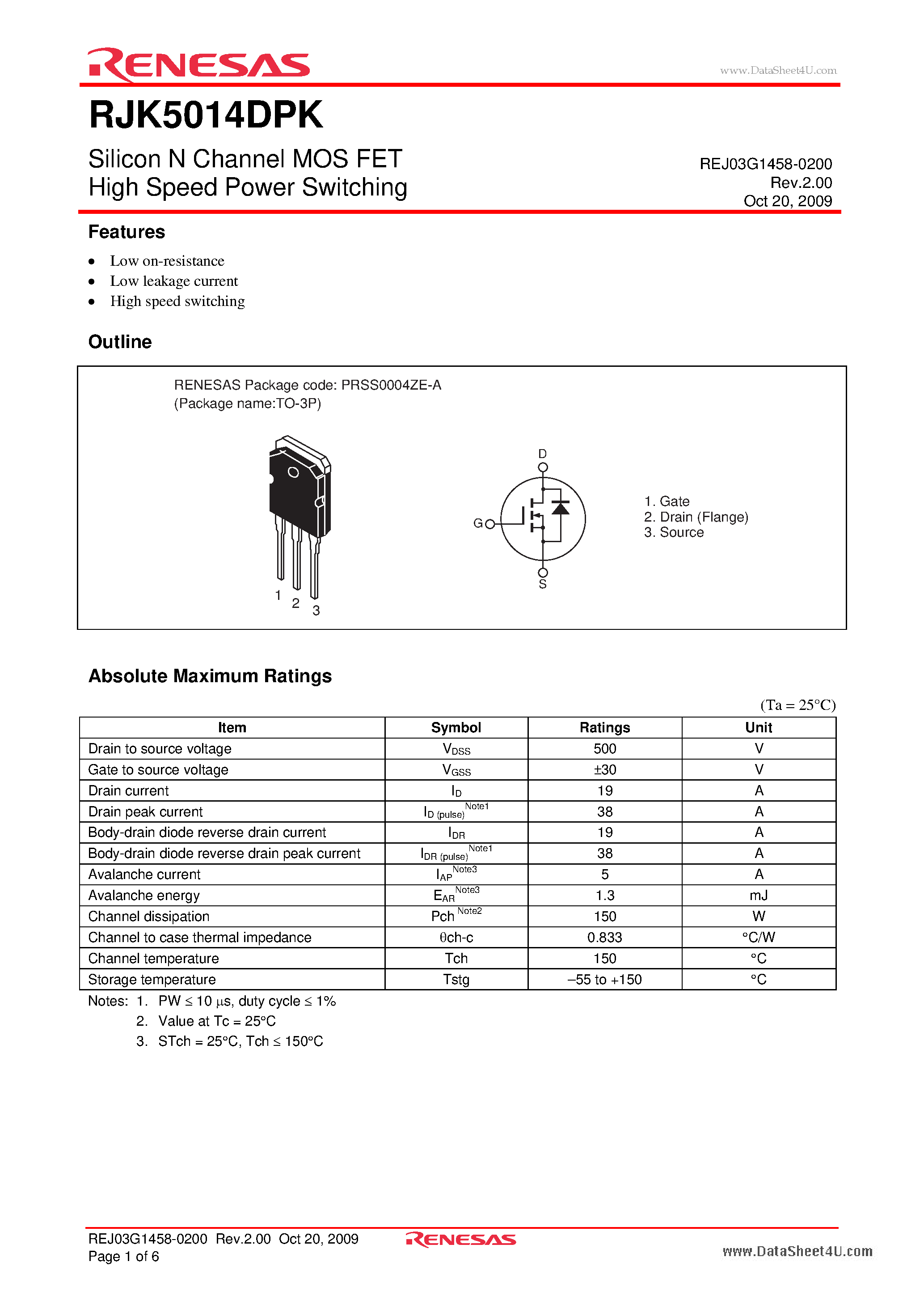 Datasheet RJK5014DPK - Silicon N Channel MOS FET High Speed Power Switching page 1