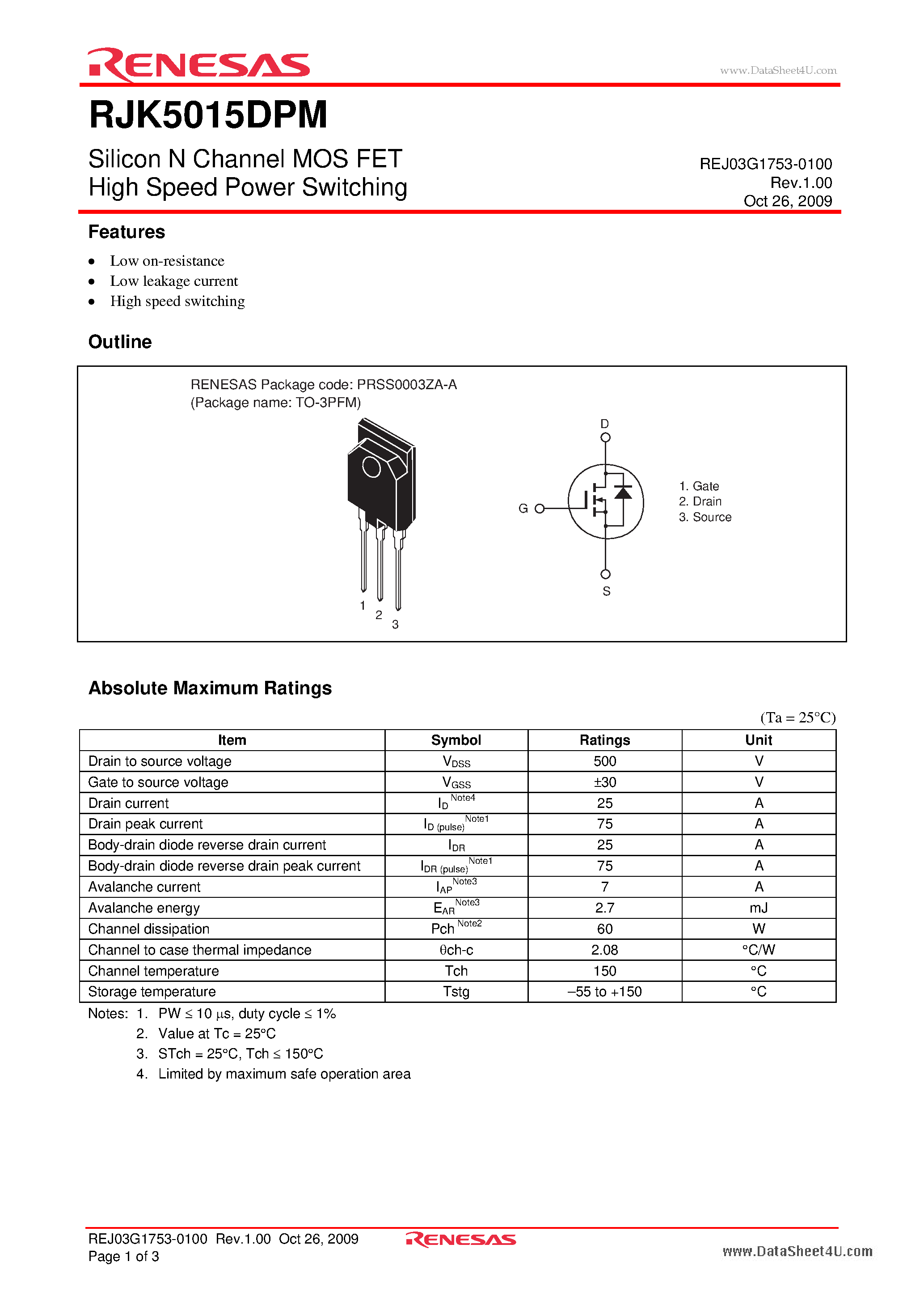 Datasheet RJK5015DPM page 1 Datasheet RJK5015DPM - Silicon N Channel MOS FET High Speed Power Switching page 1