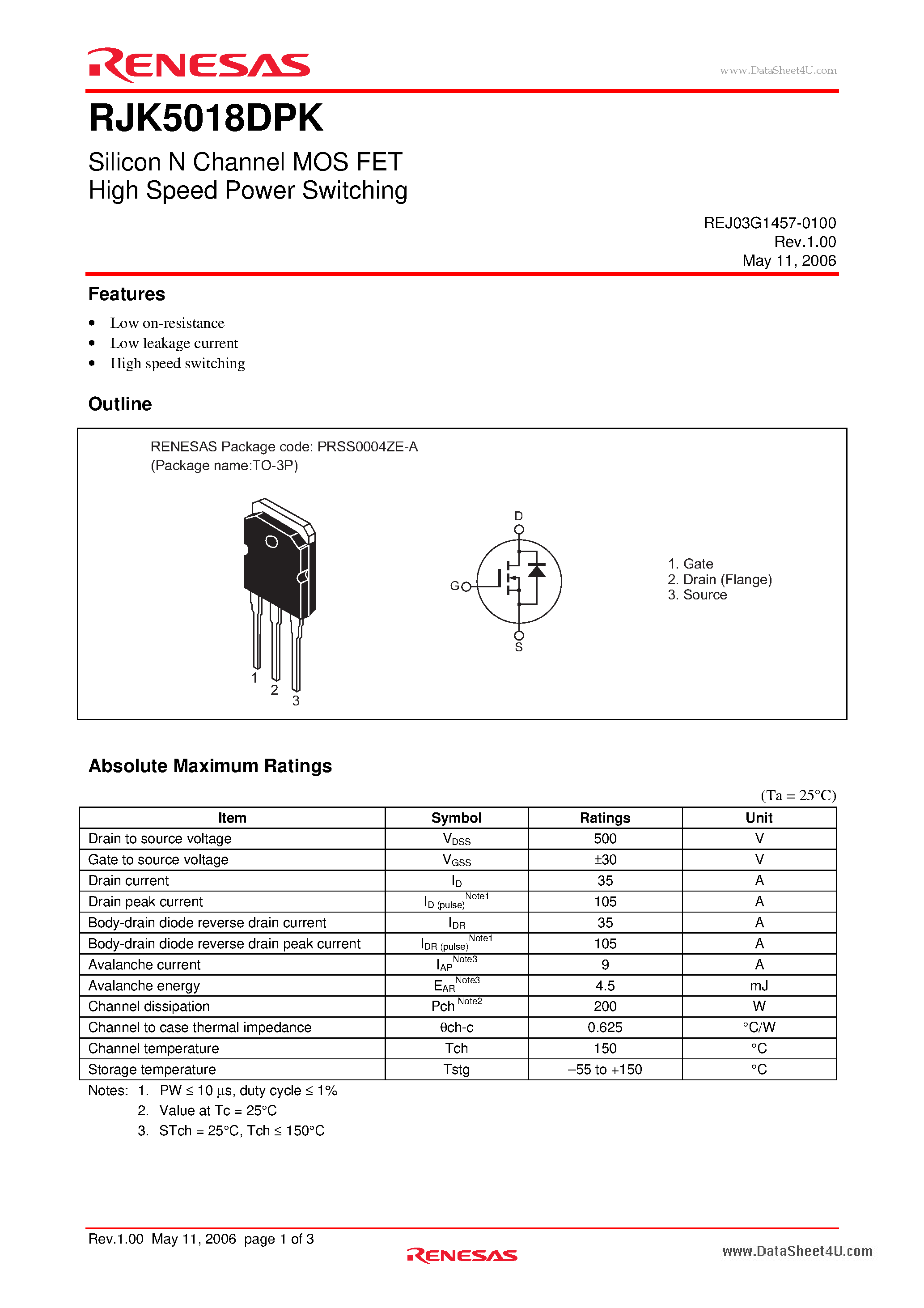 Datasheet RJK5018DPK page 1 Datasheet RJK5018DPK - Silicon N Channel MOS FET High Speed Power Switching page 1