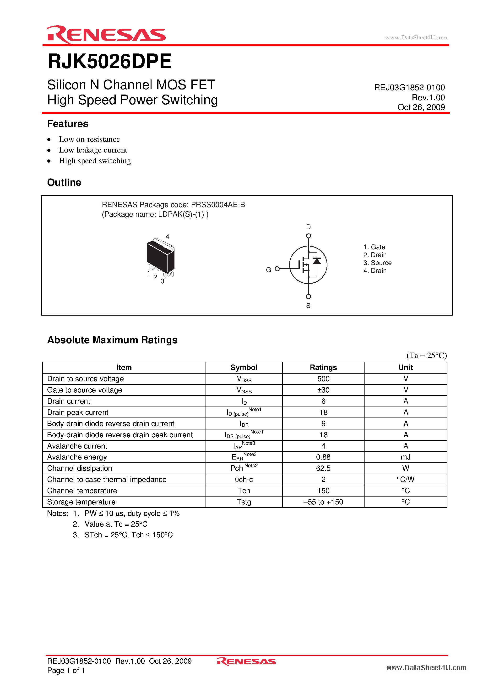 Datasheet RJK5026DPE page 1 Datasheet RJK5026DPE - Silicon N Channel MOS FET High Speed Power Switching page 1