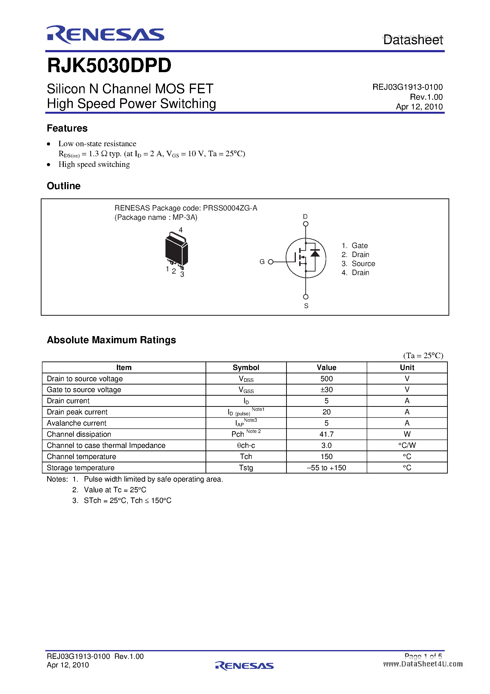 Datasheet RJK5030DPD page 1 Datasheet RJK5030DPD - Silicon N Channel MOS FET High Speed Power Switching page 1