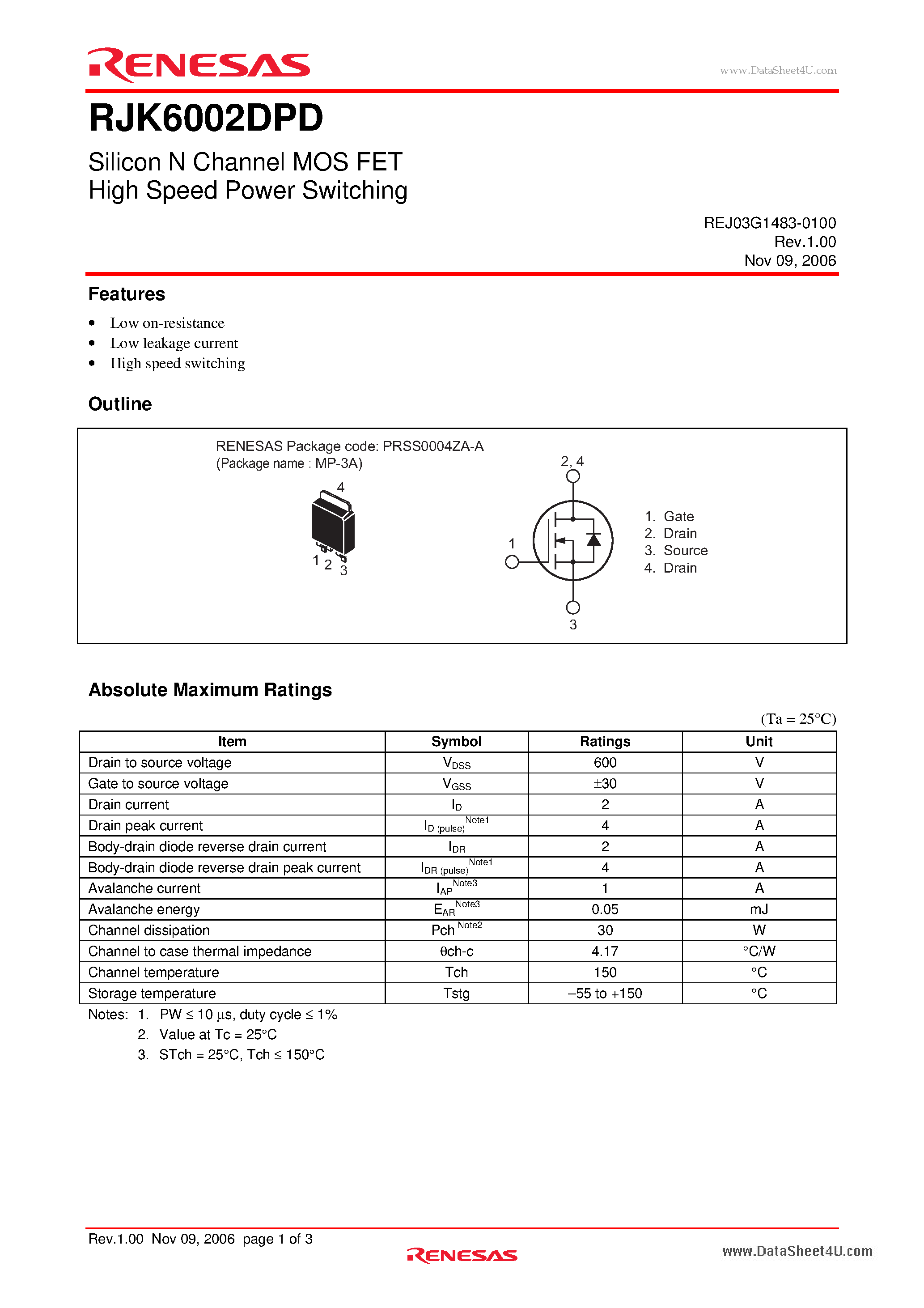 Даташит на микросхему RJK6002DPD страница 1 Даташит RJK6002DPD - Silicon N Channel MOS FET High Speed Power Switching страница 1