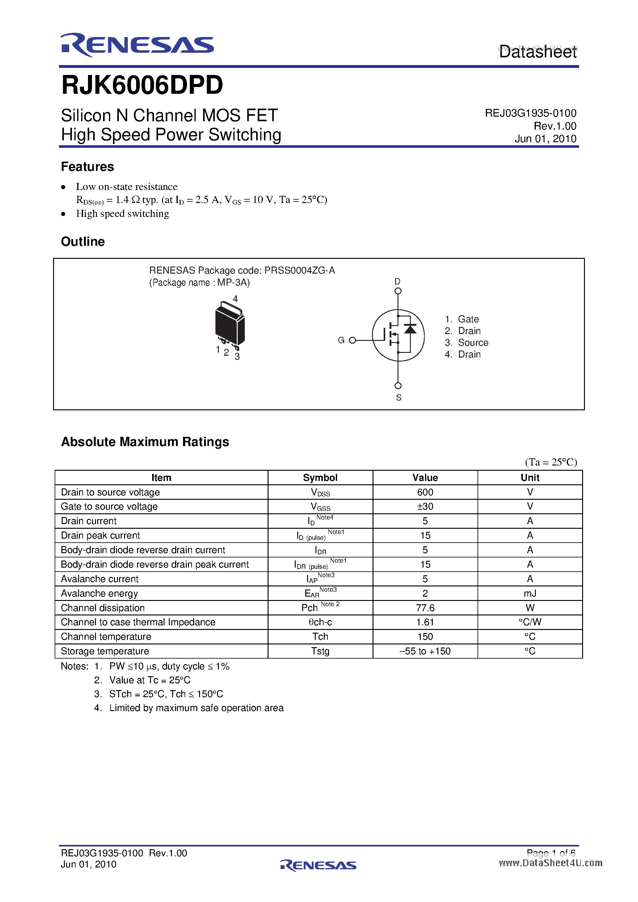 Даташит на микросхему RJK6006DPD страница 1 Даташит RJK6006DPD - Silicon N Channel MOS FET High Speed Power Switching страница 1