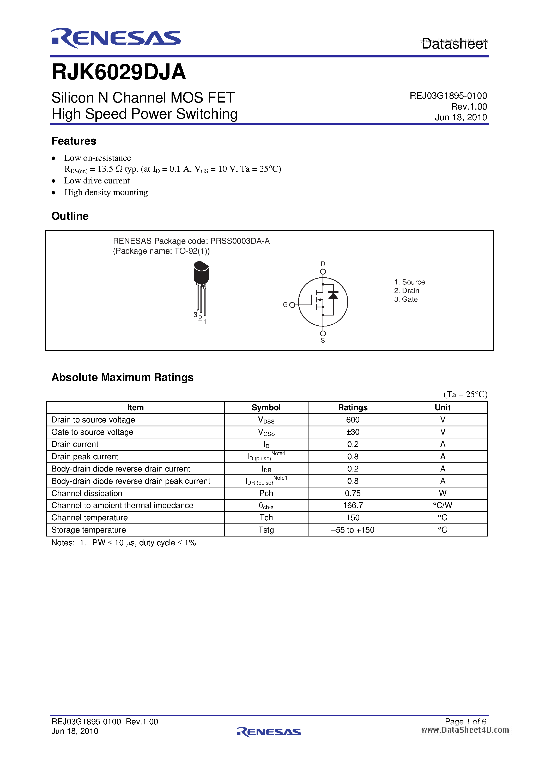Datasheet RJK6029DJA page 1 Datasheet RJK6029DJA - Silicon N Channel MOS FET High Speed Power Switching page 1