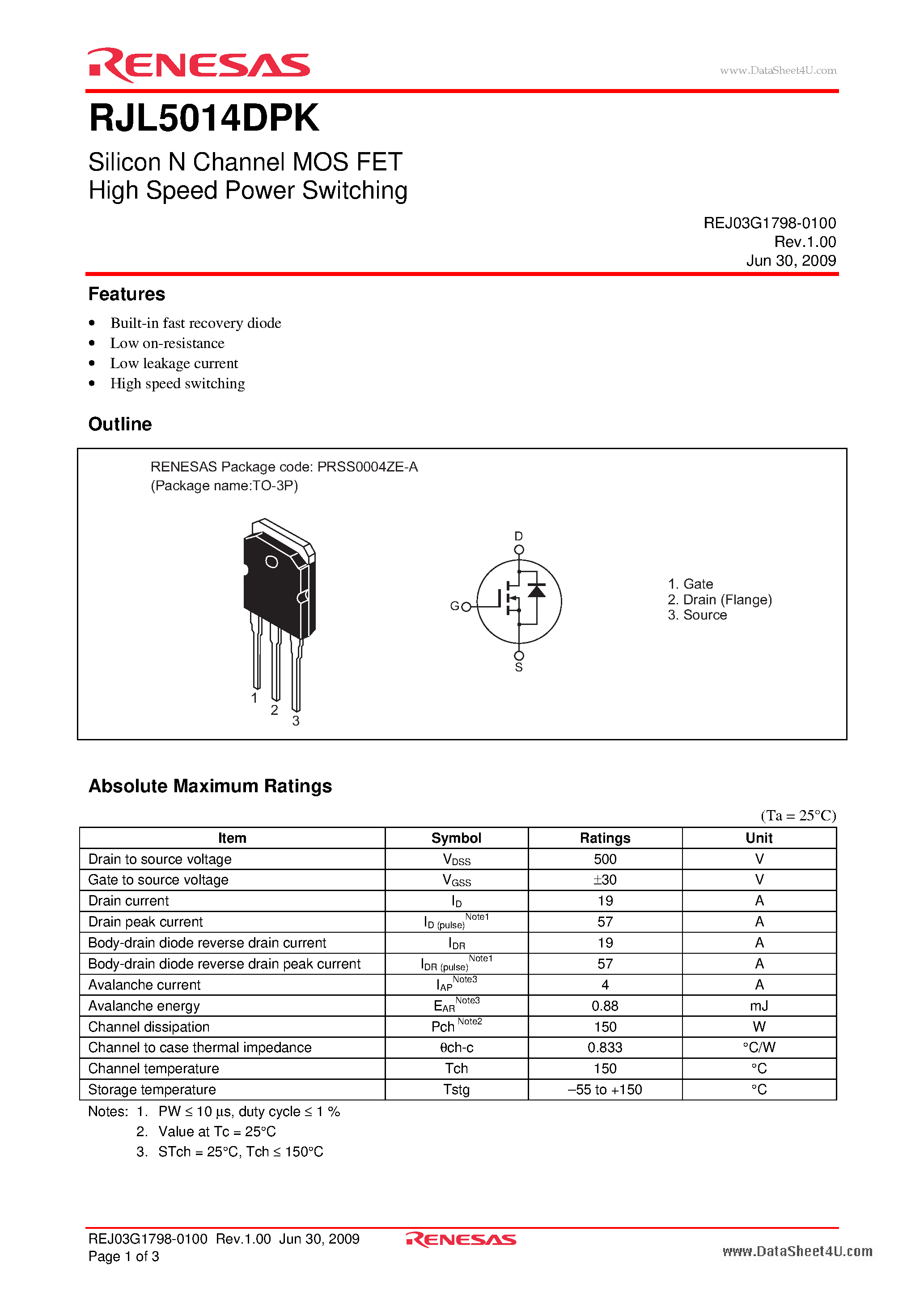 Datasheet RJL5014DPK page 1 Datasheet RJL5014DPK - Silicon N Channel MOS FET High Speed Power Switching page 1